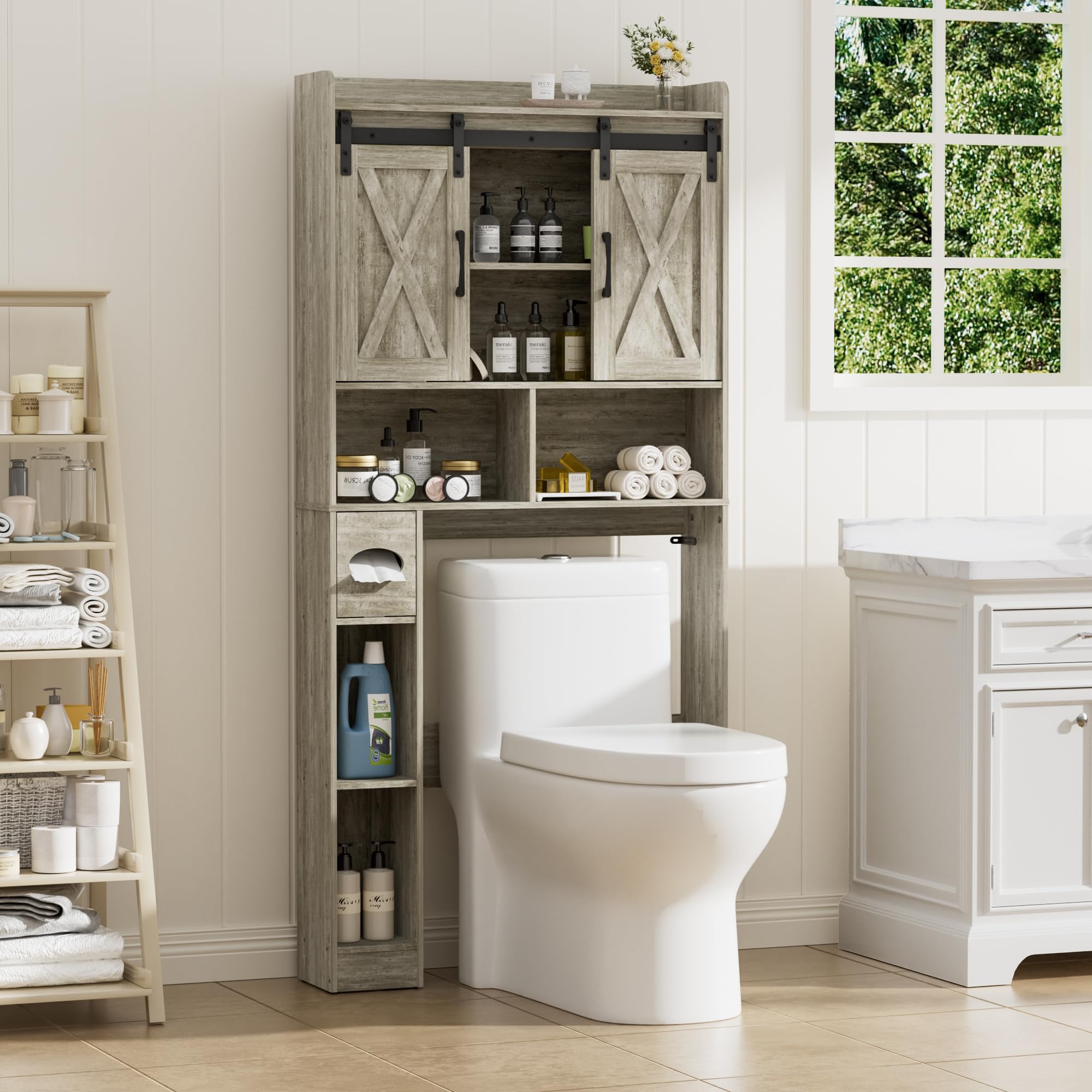BonVache Armadio Lavatrice con 2 Porte Scorrevoli Ripiani Regolabili Lavatrice Mensola Lavatrice con Scomparto Laterale per Asciugamani Carta e 4 Scomparti Aperti Bagno WC Lavanderia Grigio