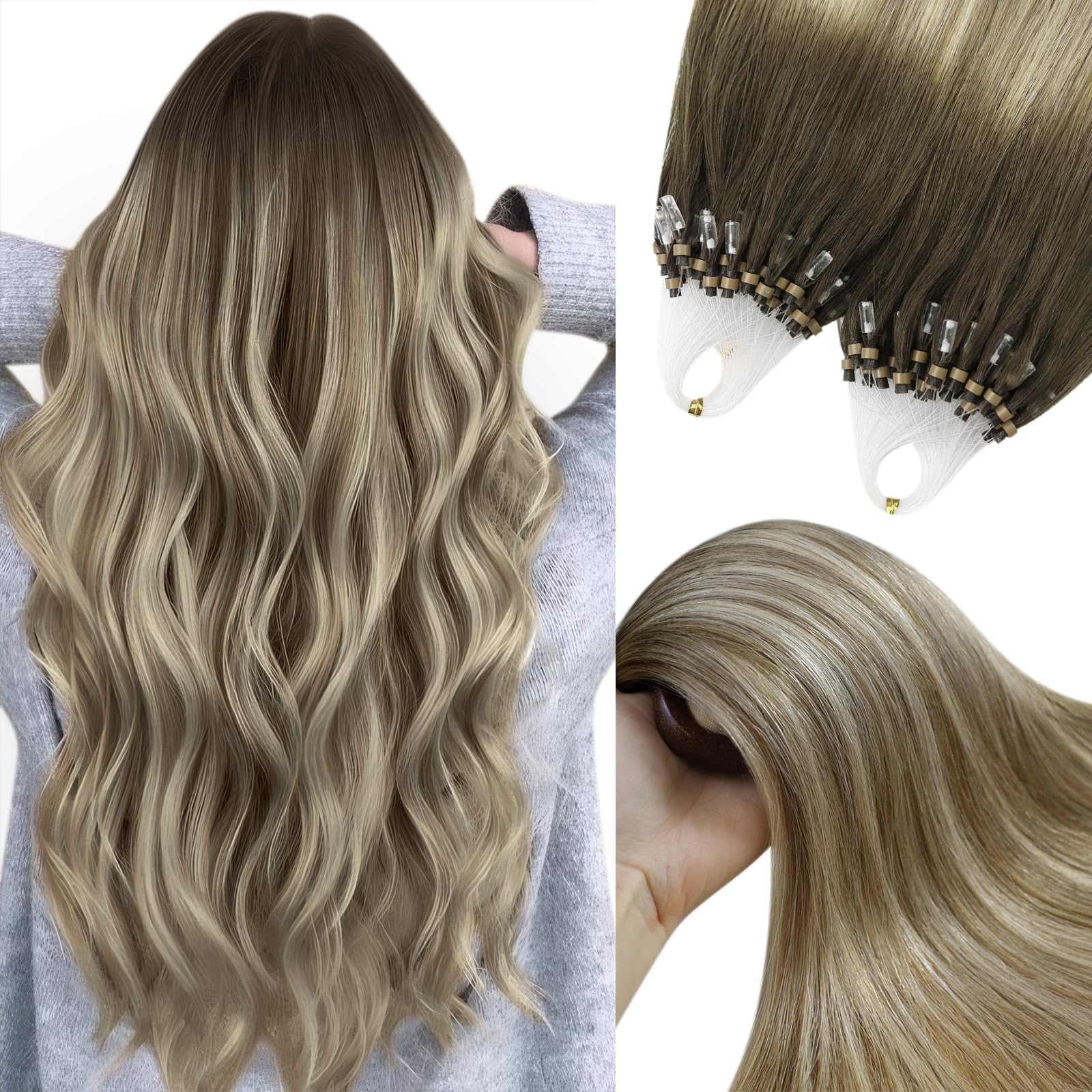 YoungSee Nano Beads Hair Extensions Blonde 14inch Nano Hair Extensions Warm Ash Blonde Highlights Bleach Blonde Nano Ring Hair Extension Highlight for Women Cold Fusion 50g Short Straight 50s — view 28