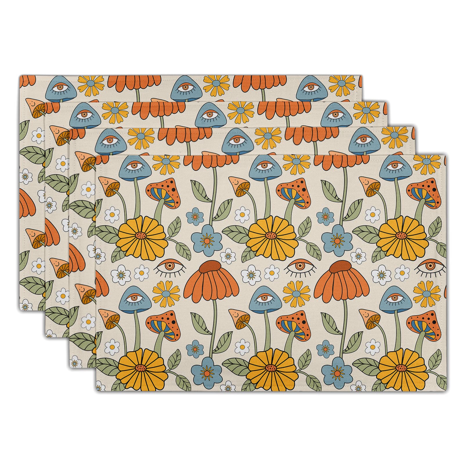 Retro Boho Floral Placemats Set of 4 70s Vintage Cute Abstract Mushrooms Fun Linen Washable Kitchen Dining Table Mats Stain Heat-Resistant Desktop Decor Place Mats for Home Party Dinner 12x18 in