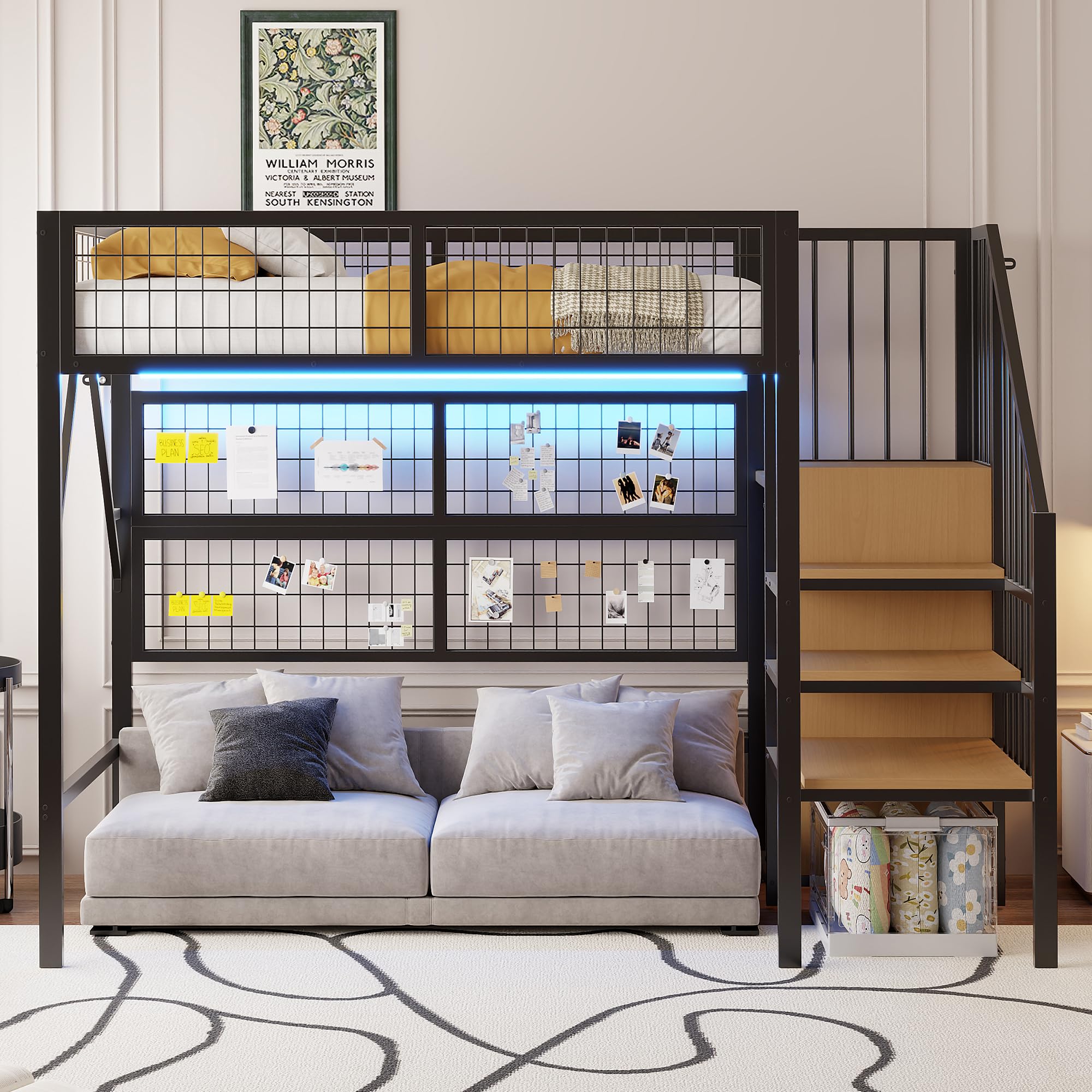 Cama de hierro, litera, 90 x 200 cm, adecuada para niños y jóvenes, con tiras de luz LED controladas por la aplicación, escalera con espacio de almacenamiento, armario abierto, color negro