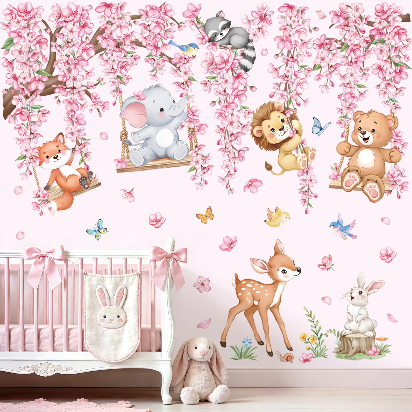 wondever Adesivi Murali Animali Foresta Ramo Albero Rosa Sticker da Muro Fiore di Ciliegio Elefante Orso Cervo Adesivi da Parete per Camerette Bambini Asilo Nido - 1