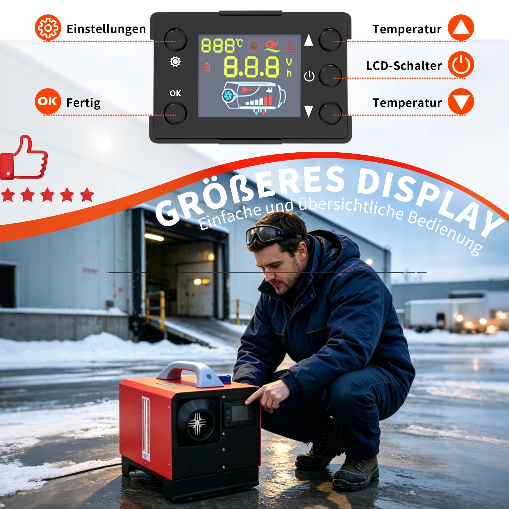 Dieselheizung 8kW liegend, Lüfterheizer 12V 5L, LCD schwarz, Schwarz/Rot