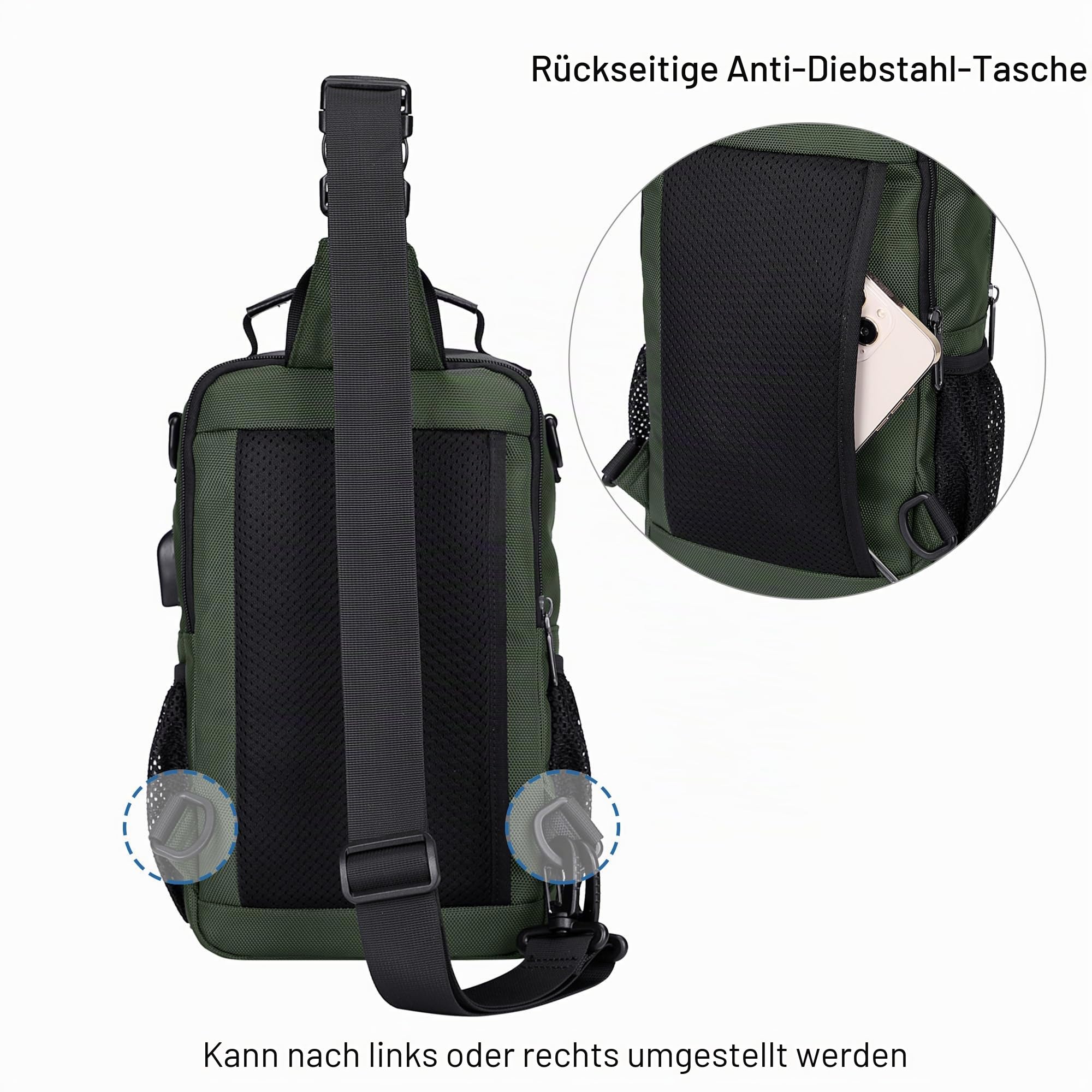 WITZMAN Umhängetasche für Herren, umwandelbarer Sling-Rucksack mit USB-Port