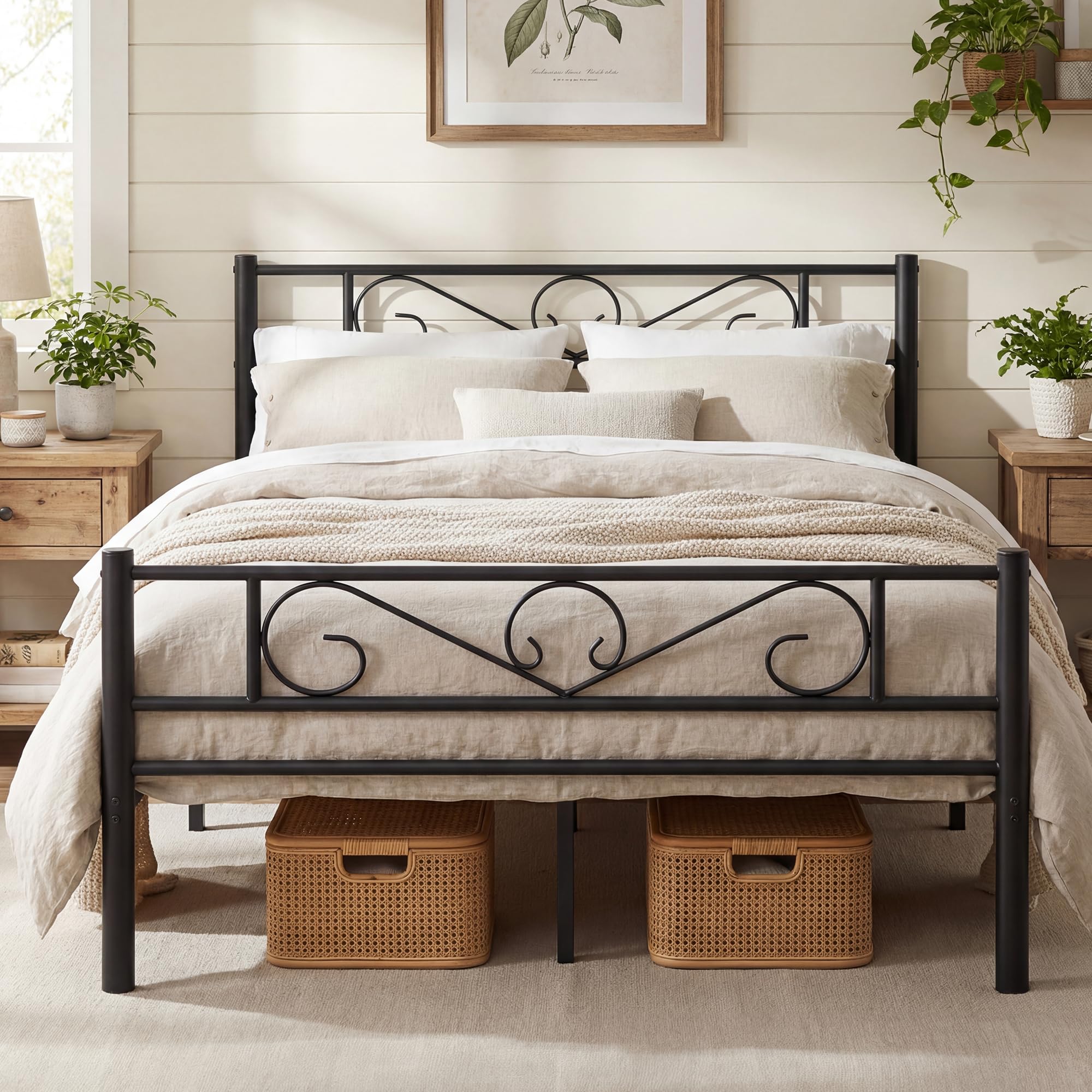 VASAGLE Bett 140 x 200 cm, Gästebett, Doppelbett aus Metall, Bettgestell, Bettrahmen, Metallbett, einfache Montage, tintenschwarz RMB064B01