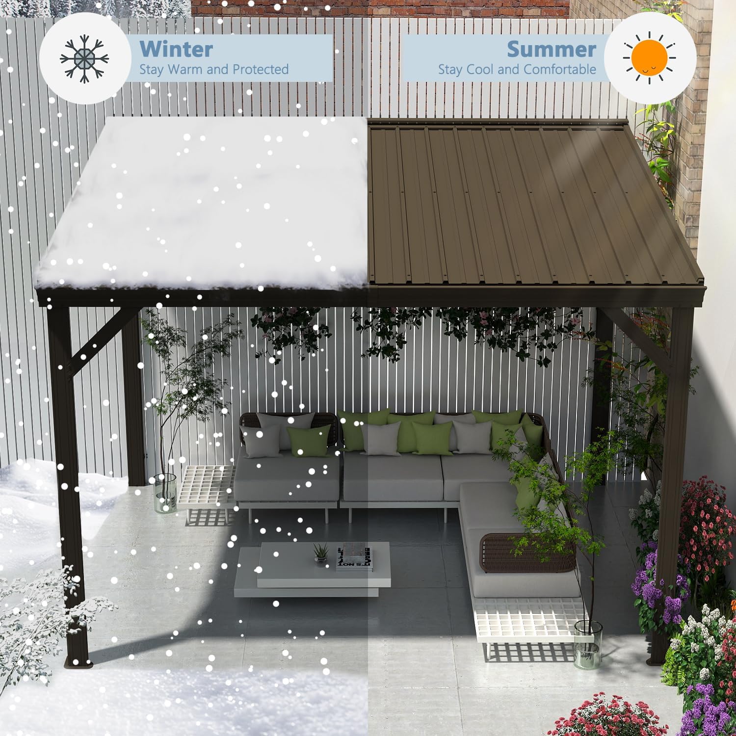 Split image showing the gazebo under snow in winter and under sun in summer, illustrating its year-round protection capabilities.