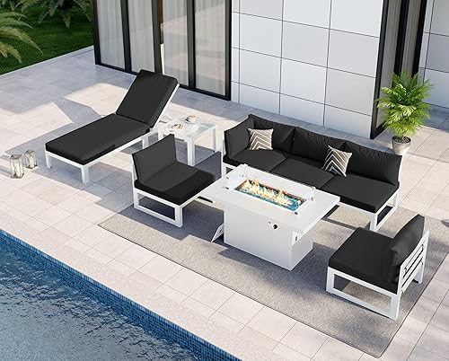 Miniatura 819 de NICESOUL 7 Piece White Powder-Coated Aluminum Patio Furniture with Fire Pit Table, 29 Inch Extra Wide Outdoor Sectional Sofa for 6, High-End Heavy