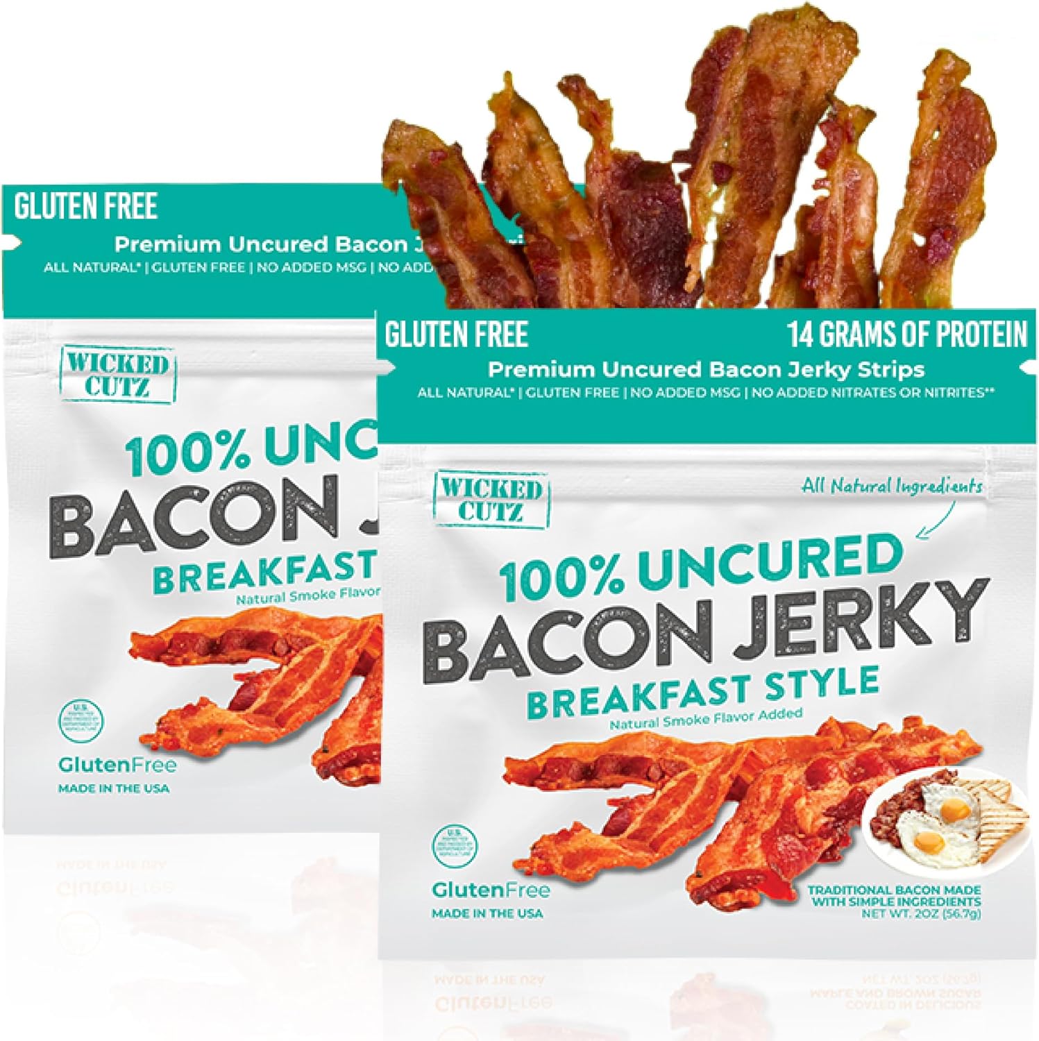 Breakfast Style Bacon Jerky, Protein Per Bag, Tender & Easy to Chew Fully