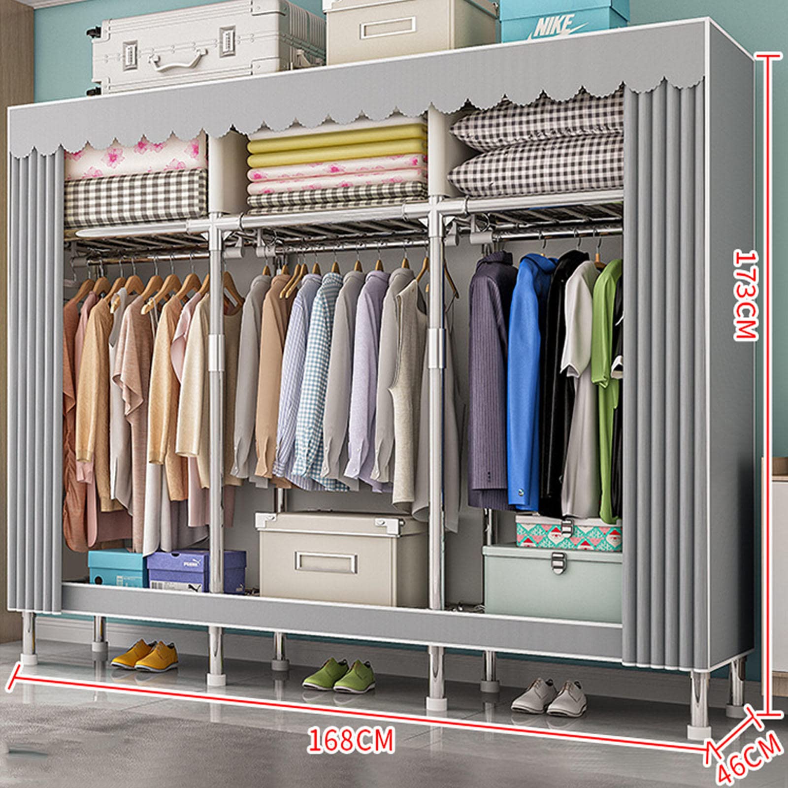 Armario Armario de Lona portátil con Riel para Colgar,Estantes,Organizador de Almacenamiento de Ropa de Tela para Dormitorio,Sala de Estar,168x46x173cm