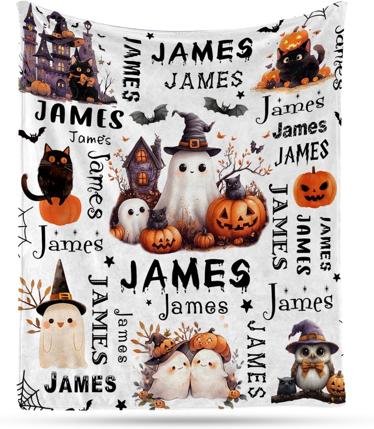 Ship Next Day, Custom Halloween Blanket - Printed in USA, Personalized Baby Blankets with Name, Gift for Kids Girls Boys, Unique Present for Birthday, Christmas, Halloween Bats Toddler Blanket
