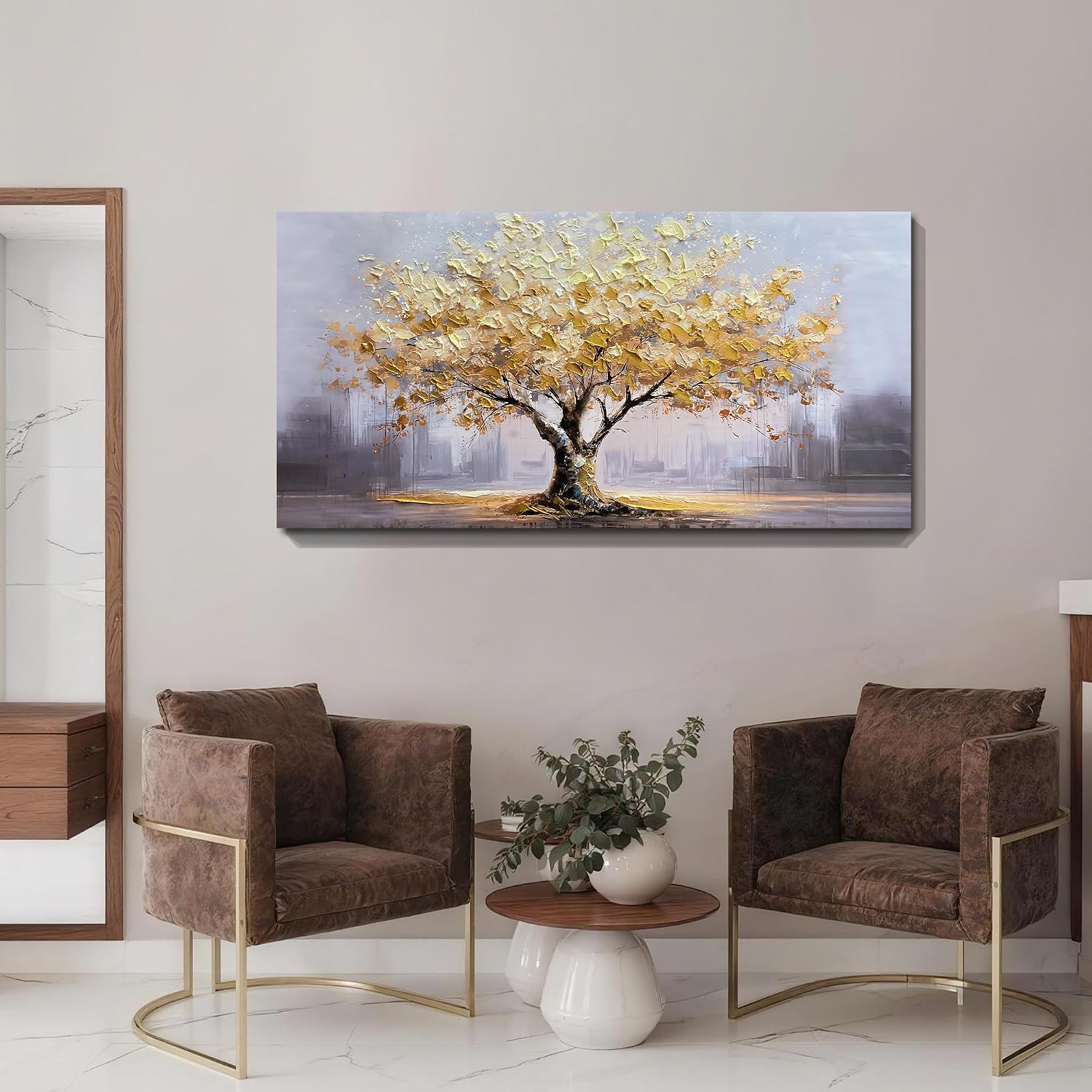 Anolyfi Gold Tree of Life Wall Art 48"x24", Modern Luxury Golden Big Tree Pictures, Hand Painted Textured and Vibrant paintings for Living Room Fireplace Bedroom Office Wall Decor