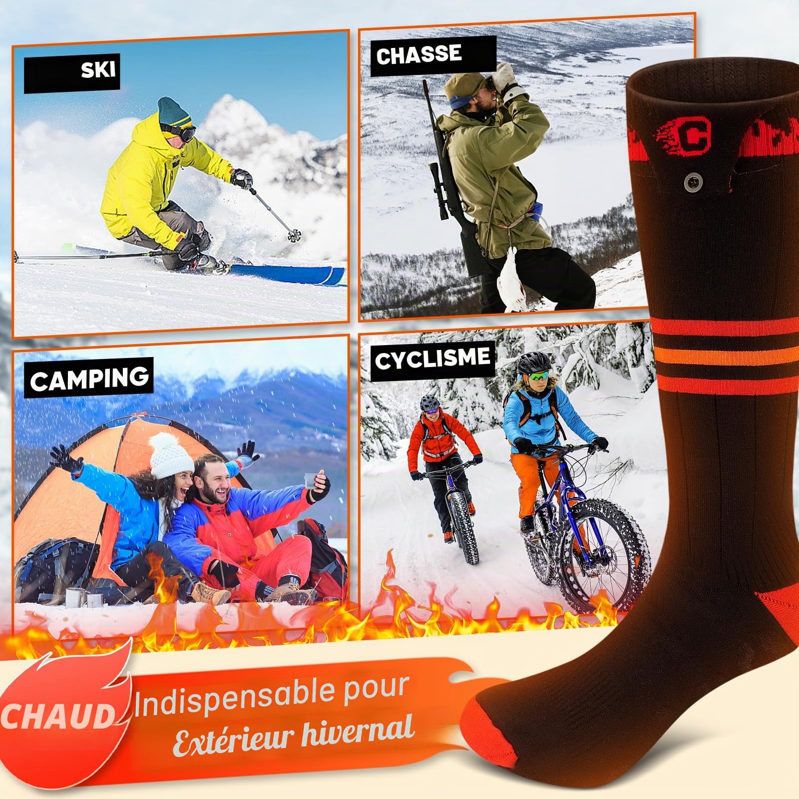 COZII Chaussettes Chauffantes, 5V 5000mAh Chaussette Chauffante Homme Femme USB Rechargeables, 3 Niveaux Chauffage Chaussettes d'hiver pour Sports Ski Cyclisme Moto Camping (Rayures)
