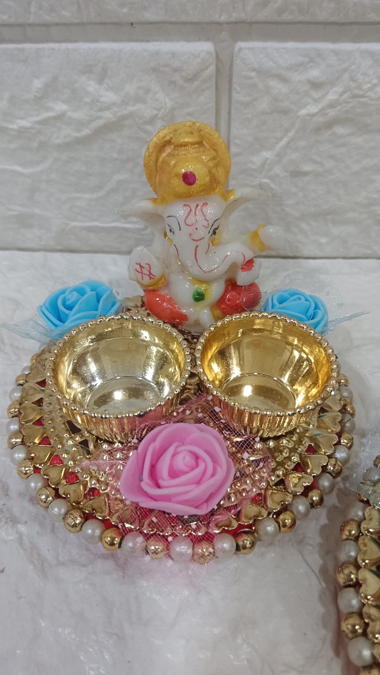 Nutts Lord Ganesh & Laxmi Ji Chandan Roli Kumkum Chawal Plater Holder Home Decorative Items for Pooja and Gift Purpose Set of 2 (Tealight-33) 4