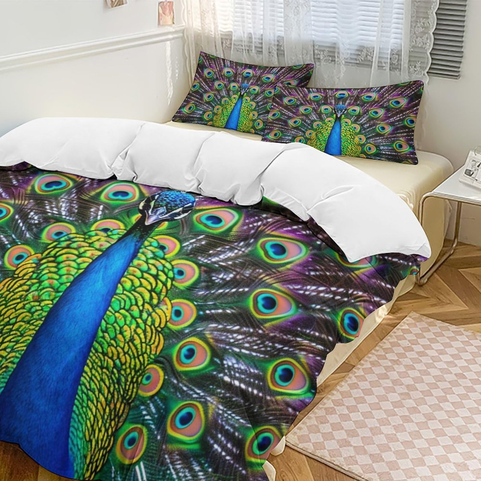 Housse de couette 229x229 cm facile à enfiler motif paon multicolore