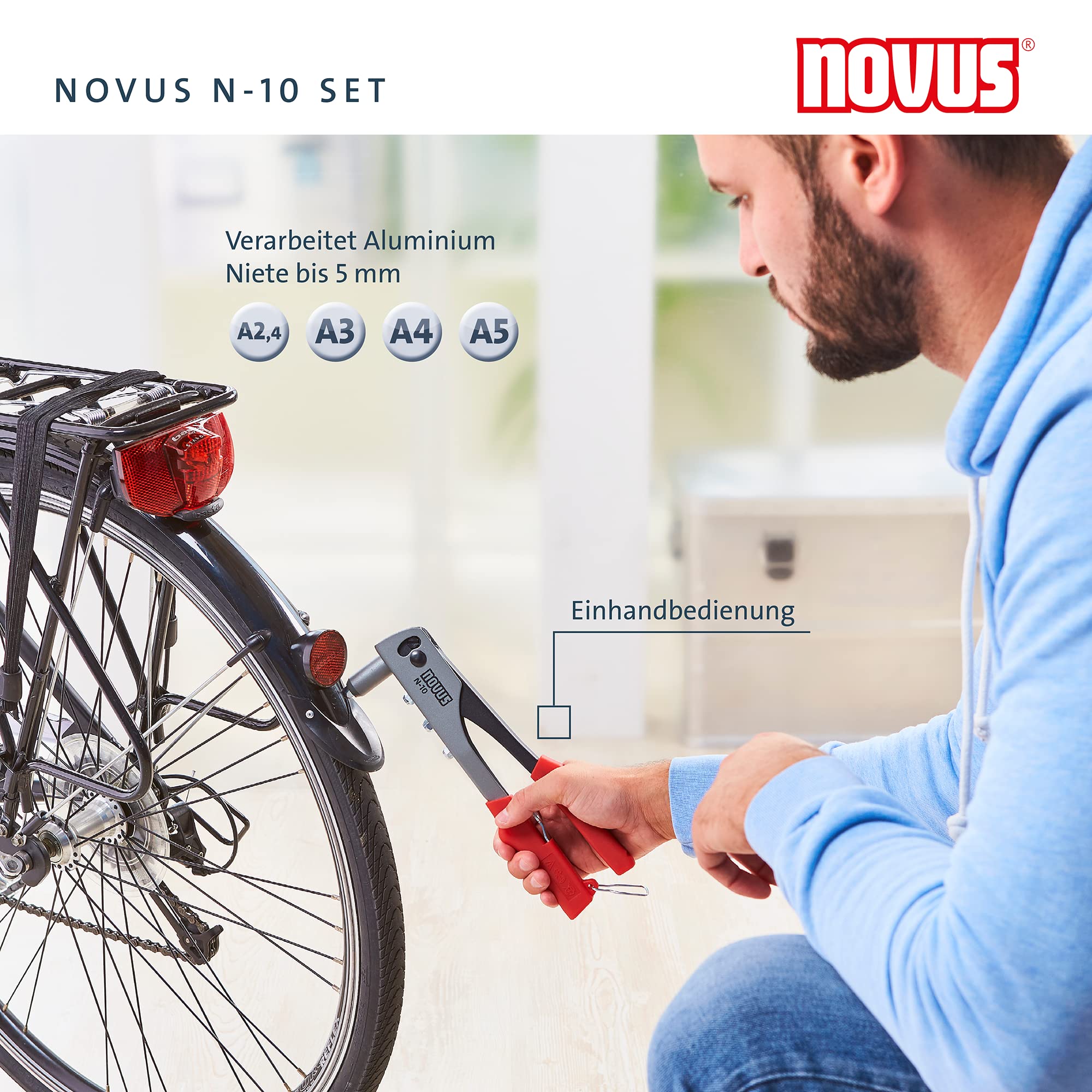 Novus Zestaw szczypiec nitowniczych N-10 - w zestawie 15 aluminiowych nitów zrywalnych A2.5, A3, A4 i A5, szczypce do nitowania z 1-ręczną obsługą