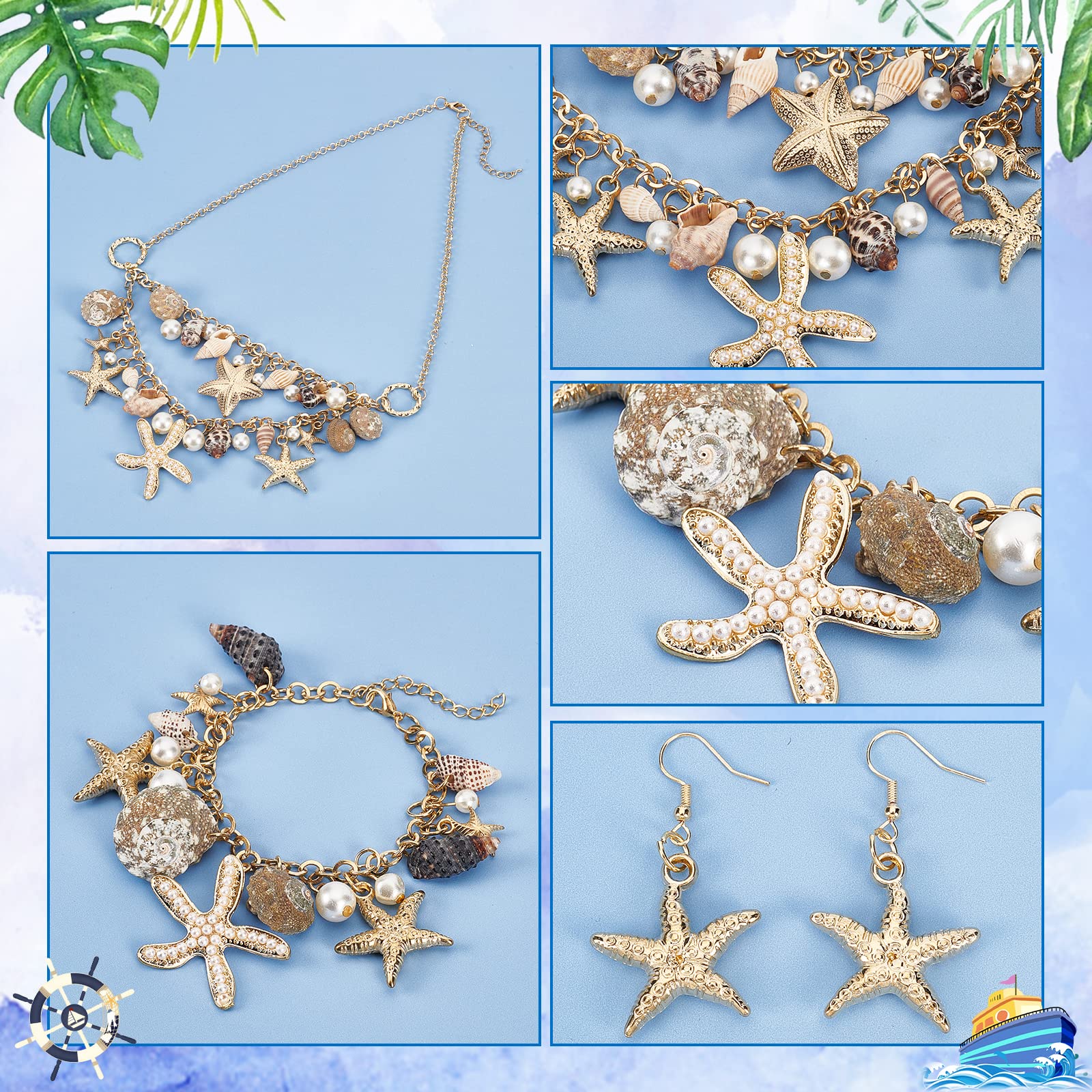 PH PandaHall Halloween Mermaid Costume Accessories Jewelry Set Shell Starfish Necklace Earrings Women Mermaid Jewelry with Gift Box Seashell Bib Statement Necklace for Cosplay Fancy Dress up (Gold)