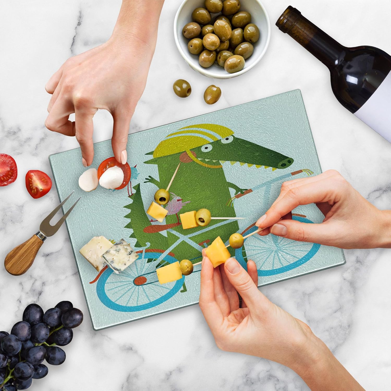 Ambesonne Funny Cutting Board, Green Crocodile Yellow Hat Going for a Bike Ride with Friends Cartoon, Decorative Tempered Glass Cutting and Serving Board, Small Size, Green Aqua