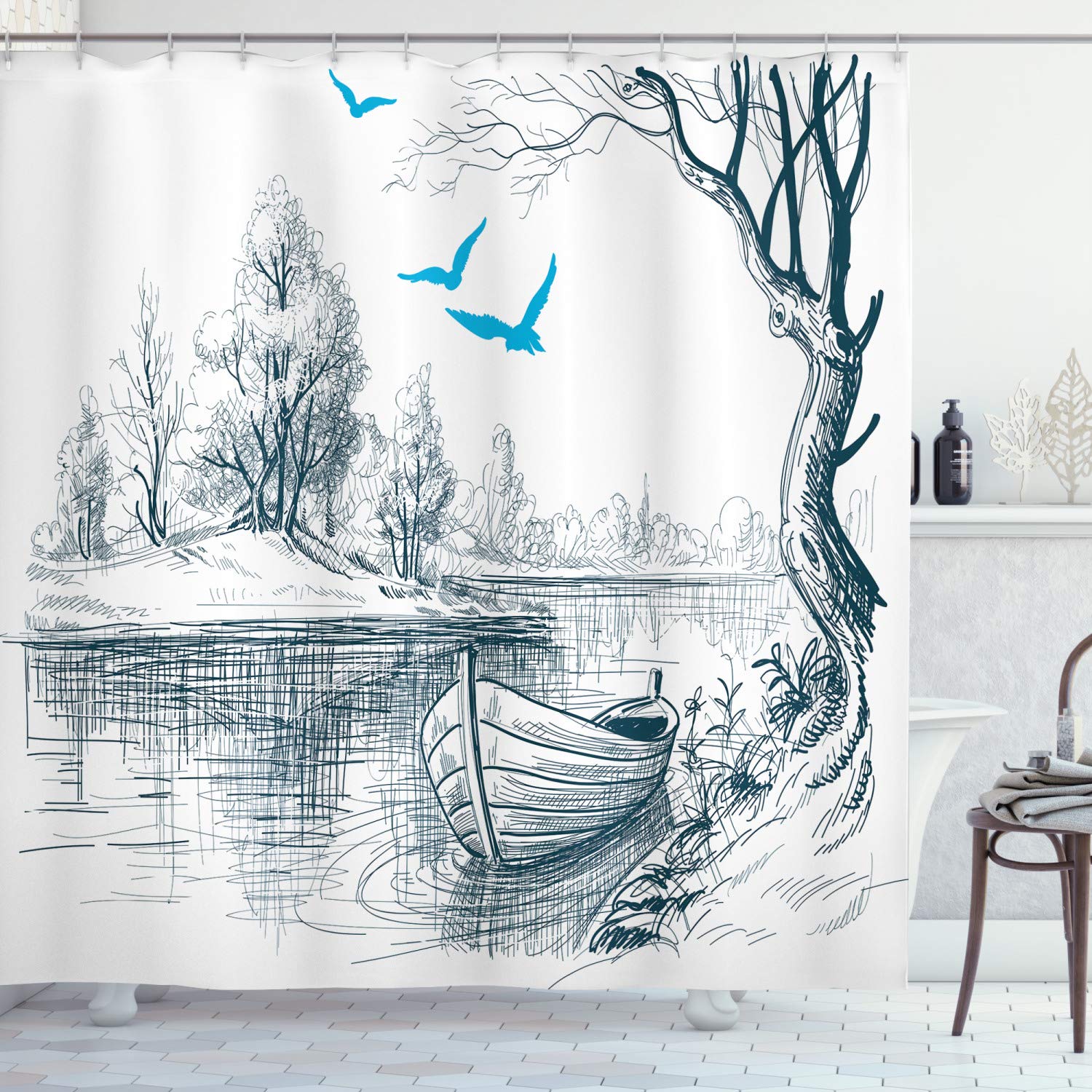 ABAKUHAUS Landscape Shower Curtain, Boat on Calm River Trees Birds Twigs Sketch Drawing Clipart Water Minimalist