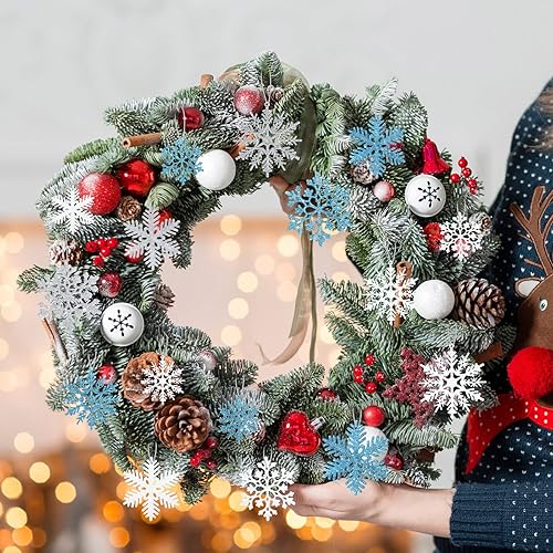 Miniatura 6 de 108 adornos de plástico con purpurina para árbol de Navidad, decoraciones de copo de nieve colgantes, adornos colgantes de Navidad con cuerda