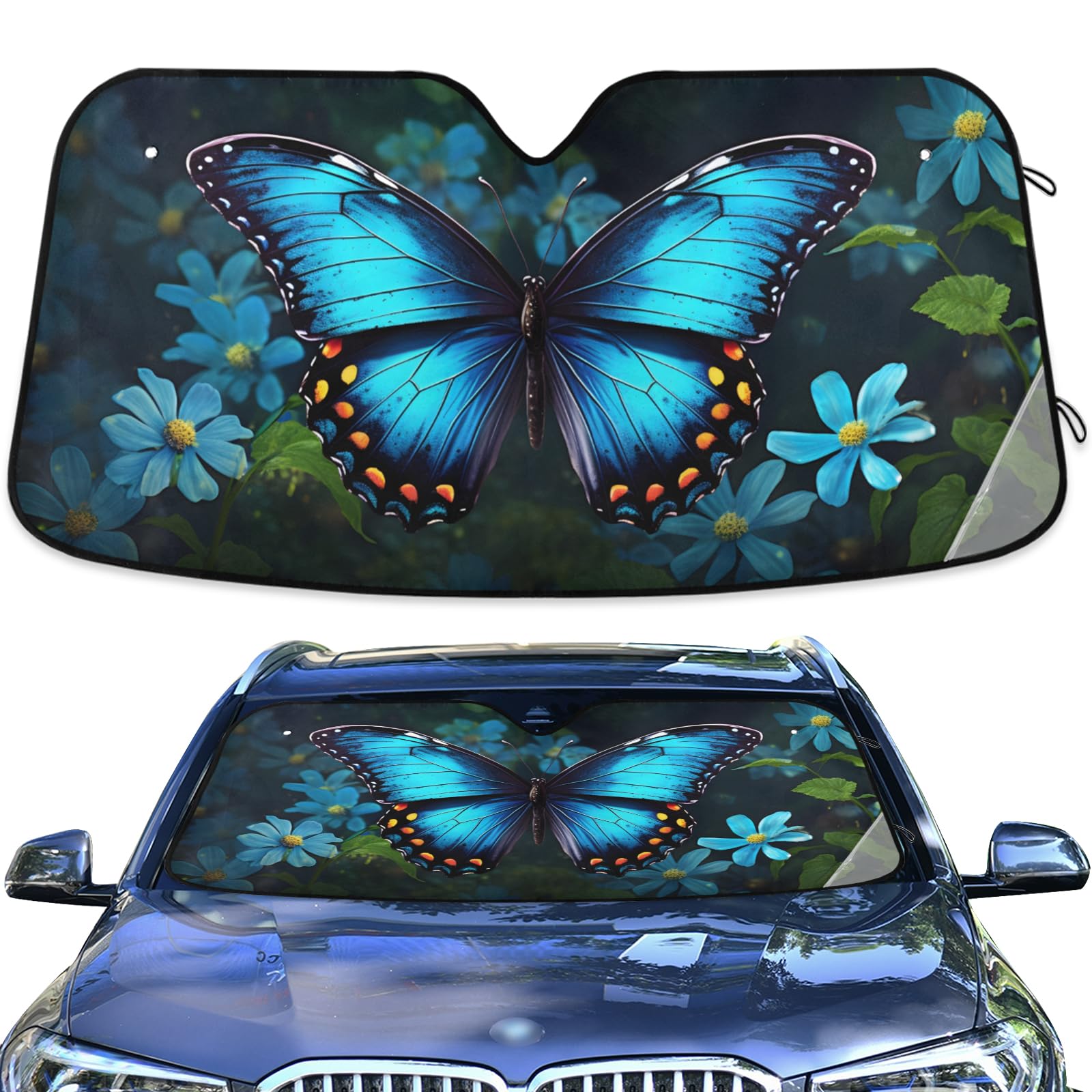Blue Butterfly Windshield Sunshade Flower Car Sun Shade Protector for Small Car SUV Front Window