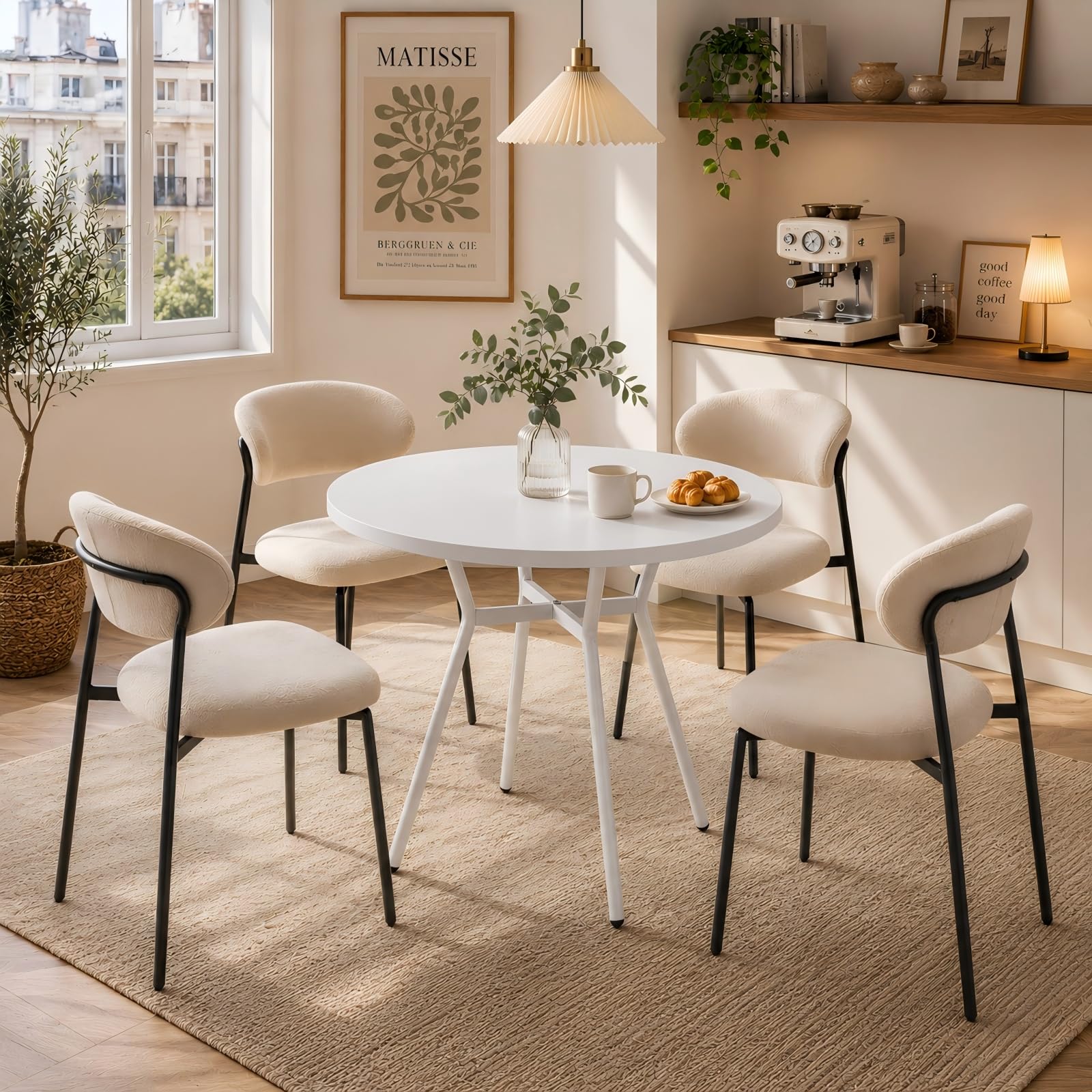 JIJIAN Mesa de Comedor Redonda 2-4 Personas 80 x 80 x 75 cm, Mesa de Cocina Compacta con Patas de Metal, Ahorra Espacio, Ideal para Cocina, Comedor, Balcón y Jardín, Blanco