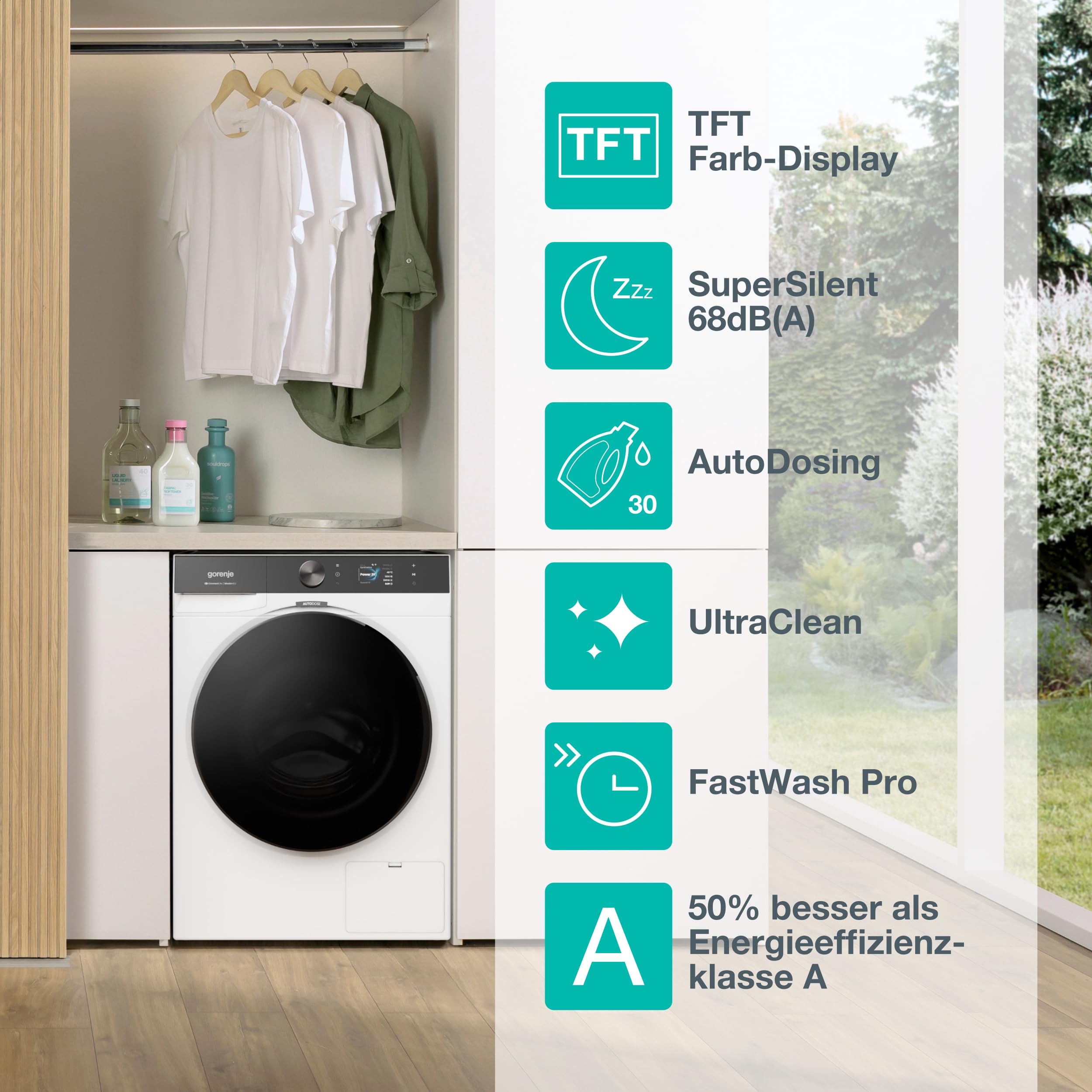 Gorenje WG814A5T4 Waschmaschine mit Dampffunktion, 10kg, 1400 U/Min, 20 Programme, TFT Farb-Display, SuperSilent 68 db(A), AutoDosing, UltraClean, FastWash Pro, ConnectLife, ShoeWash, EEK A, Weiß