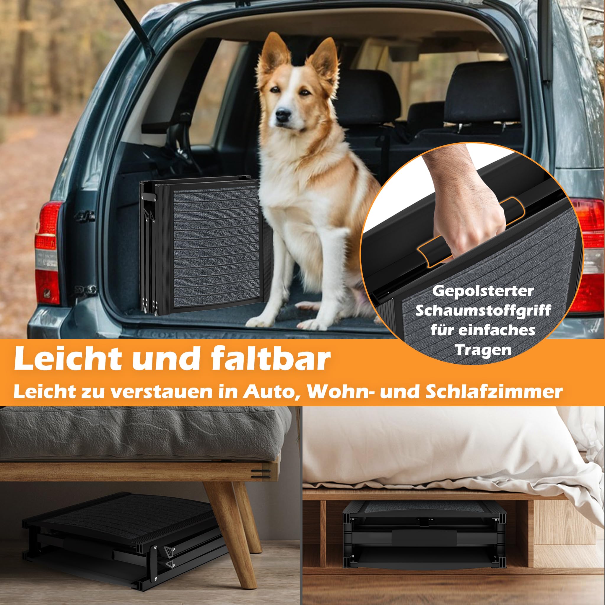HENGMEI Hunderampe Klappbar Hundetreppe Auto Faltbare Kunststoff Hundeautorampe Hunde Auffahrrampe Kofferraum Einstiegshilfe, Haustiertreppe für Große und Schwere Hunde, 157x44cm, Schwarz