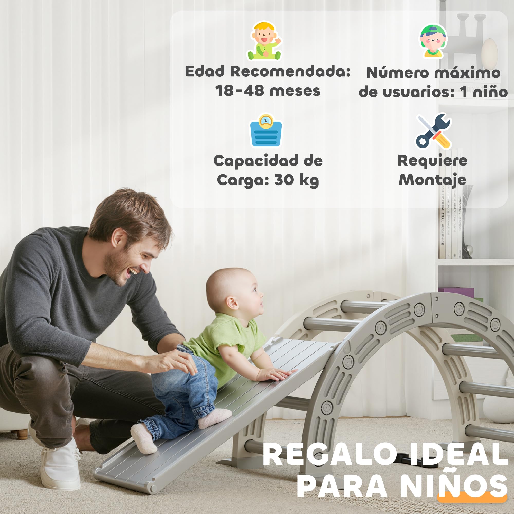 AIYAPLAY Juguete de Escalada para Niños 4 en 1 con Arco de Escalada, Mecedora, Rampa y Tobogán, Juguete de Plástico para Niños de 18-48 Meses, para Interior y Exterior, Gris y Blanco