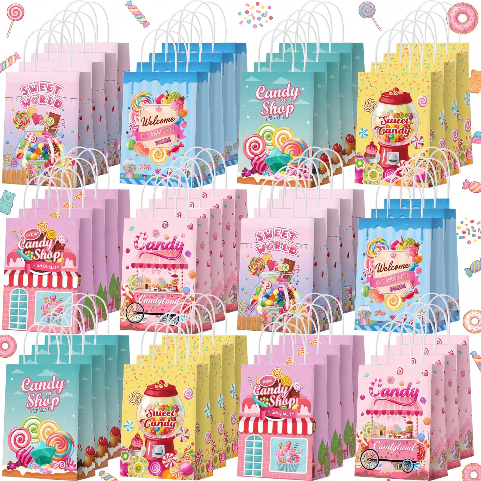 Sinload 24 Pcs Candy Sweet Goodie Bags with Handles Candy Land Gift Bags | Lollipop Party Favors, Sweet Shop Theme Paper Treat Boxes, for Halloween Birthday Supplies, Baby Shower Decor