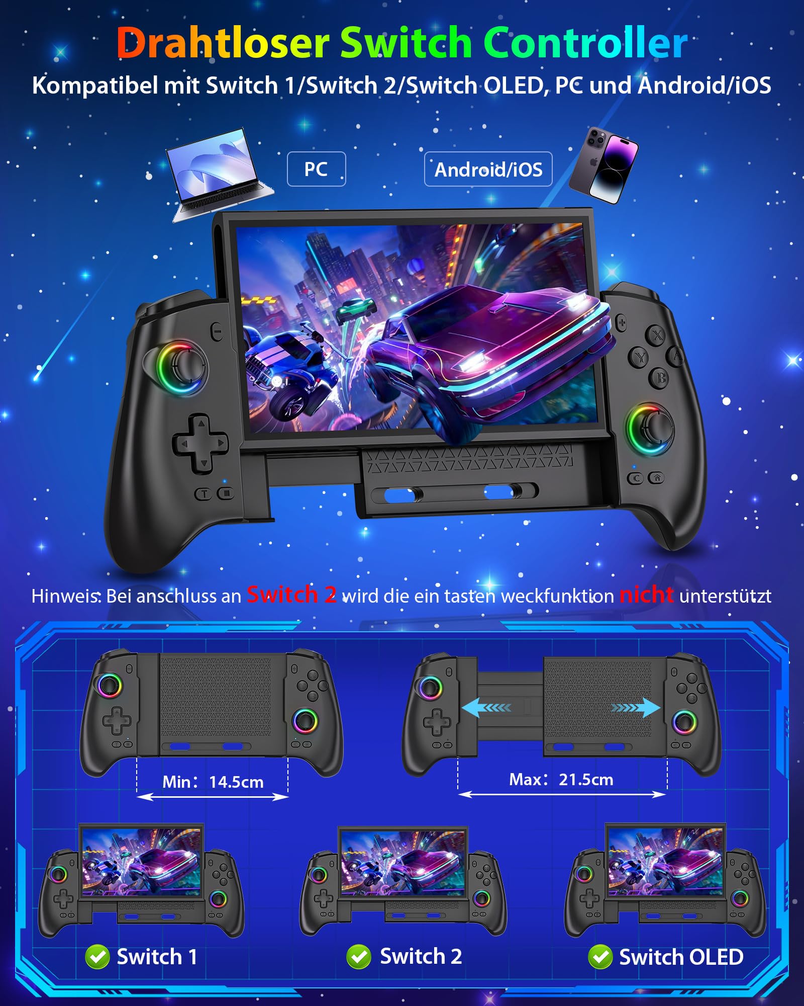 ZRZLMVP Controlador inalámbrico Switch Pro para Switch 2/Switch 1/Switch OLED, controlador de juegos de PC elástico con 16 luces RGB, joysticks Hall Effekt, barra de programación, despertador, turbo - 3