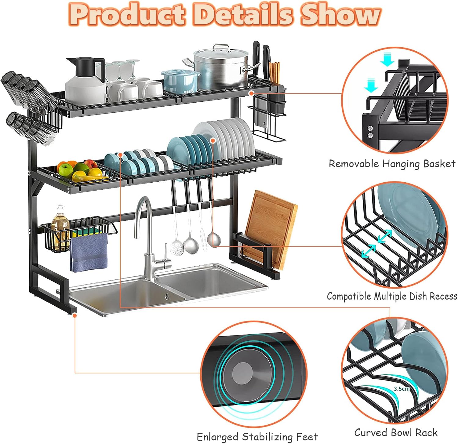 Over The Sink Dish Drying Rack - Drying Rack Large Capacity, Space-Saving Dish Rack for Kitchen Counter, 3-Tier Dish Drying Rack, Carbon Steel Dish Rack ()