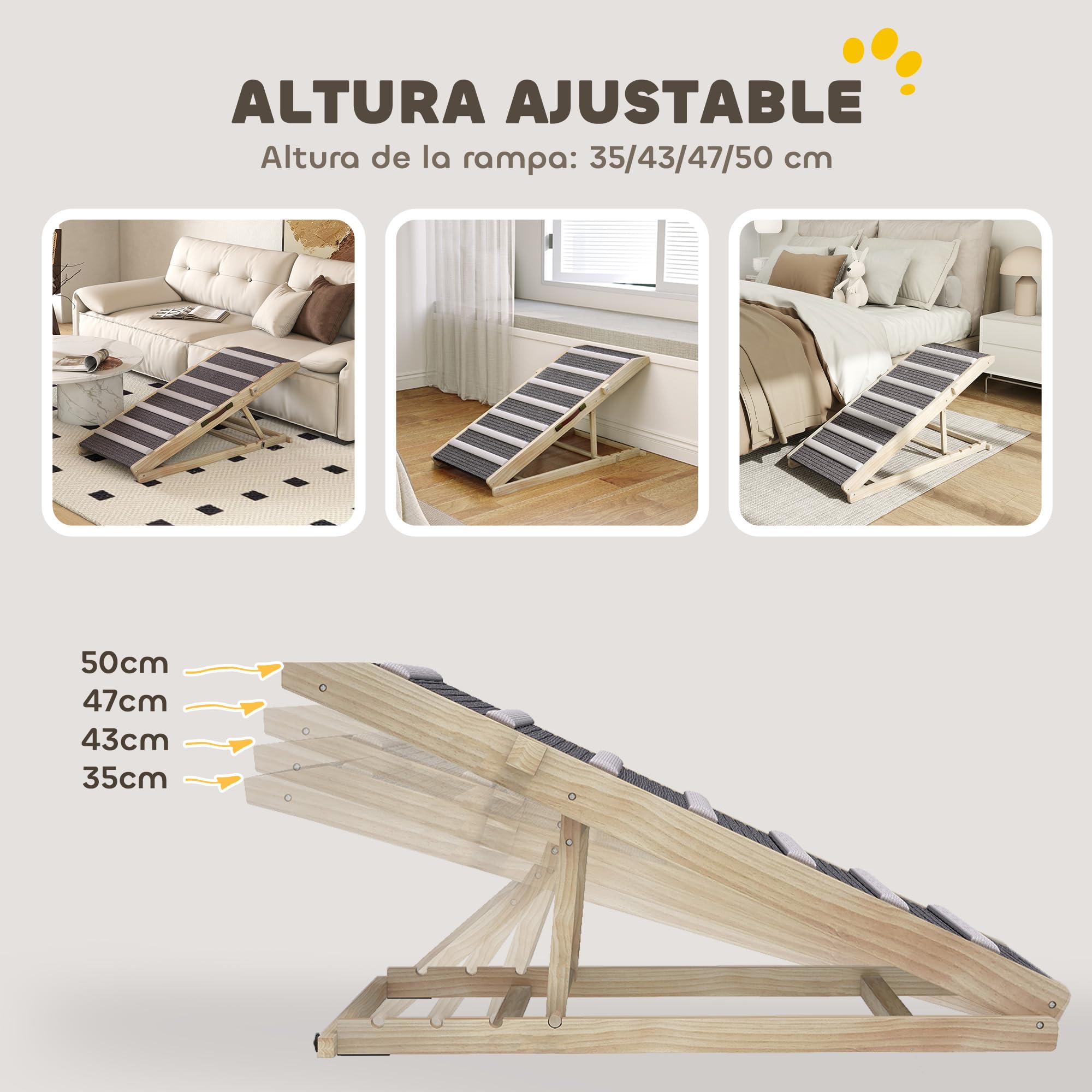 PawHut Rampa para Perros Plegable y Altura Ajustable 35-50 cm, Rampa para Mascotas de Madera con Alfombrilla Antideslizante y Asa, para Perros Pequeños Medianos y Grandes, para Cama Sofá, 100x50x50 cm