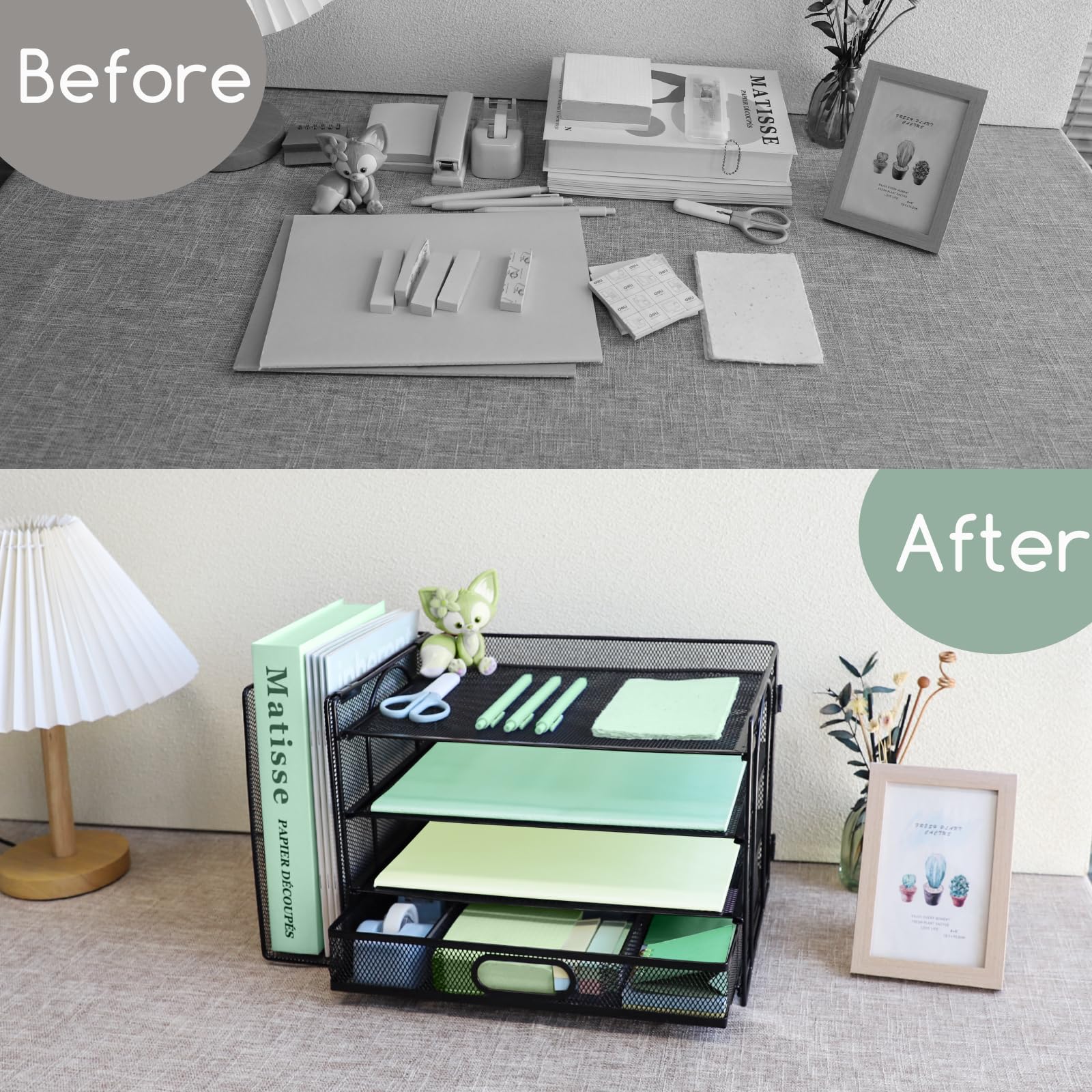 3 Tier Desk File Organiser with Extra Vertical File Sorter, Paper Letter Tray with Top Stationery Drawer Holder - Image 4