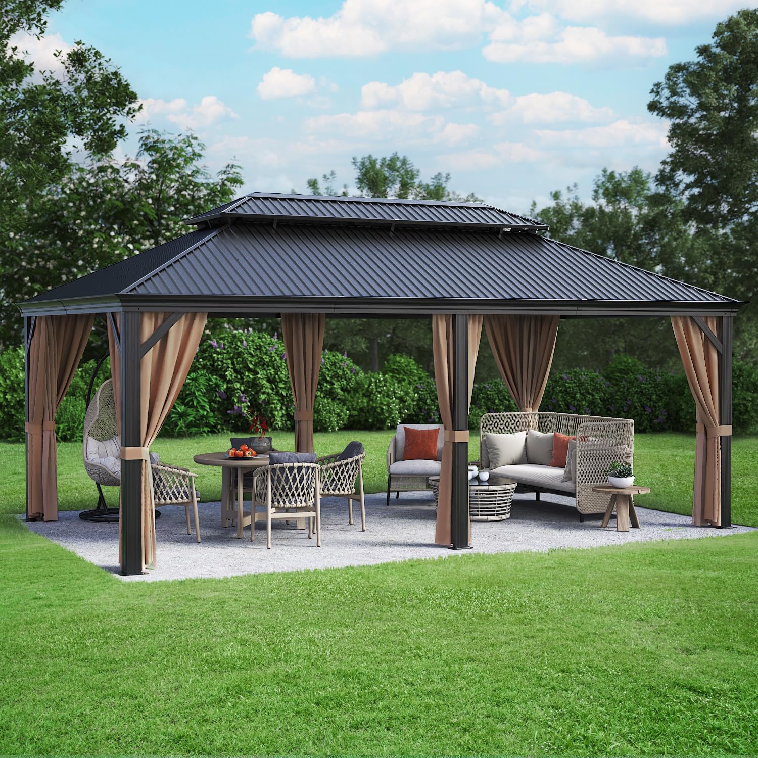 Greesum 12'x20' Hardtop Metal Gazebo, Outdoor Galvanized Steel Double Roof Canopy, Aluminum Frame Permanent Pavilion with Netting and Curtains for Backyard, Patio, Deck, Parties