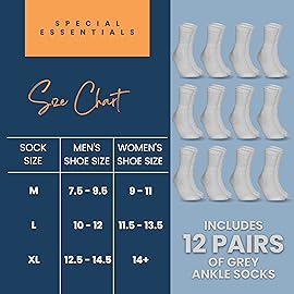 Special Essentials 12 Pairs Cotton Diabetic Ankle Socks - Non-Binding With Extra Wide Top For Men and Women Gray 9-11