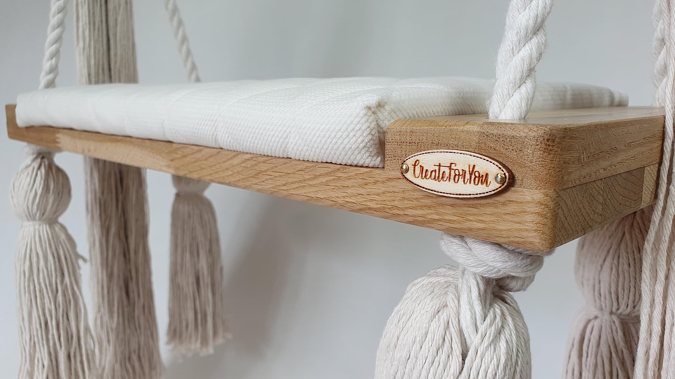 Huśtawka Bocianie Gniazdo - Siedzisko Huśtawki do Montażu Sufitowego, na Balkon, do Ogrodu i Salonu, Regulowana Wysokość, Miękki Welur, Wygodne Siedzisko, 58 x 25 x 4 cm, Ecru
