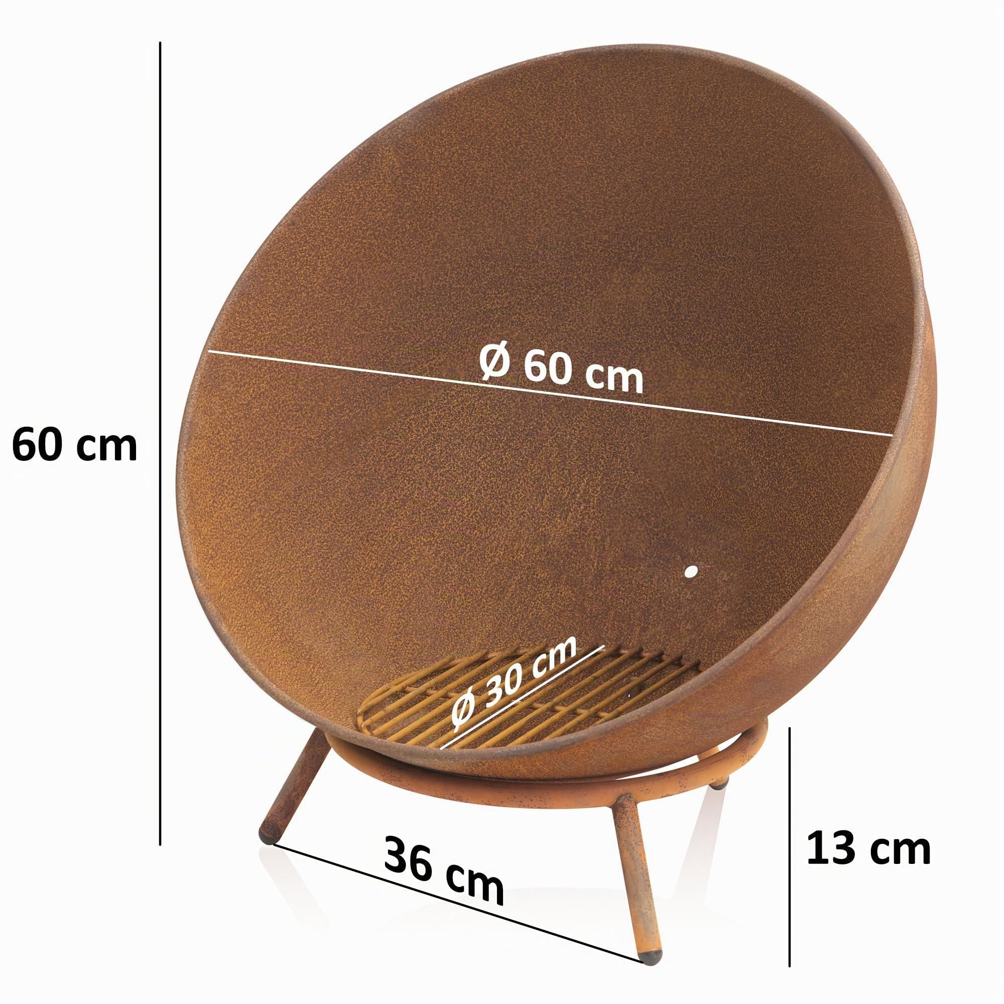 BBQ-Toro Brasero de Acero de Ø 60 cm | Acabado Oxidado | Cuenco de Fuego Inclinable con 3 Patas | 3 en 1 Cuenco de Fuego para Jardín, Camping y Terraza | Hoguera, Cuenco de Barbacoa, Chimenea Exterior