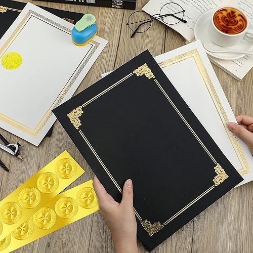 Vista 6 de Epakh Kit de 72 Piezas para Certificados Incluye 24 Portacedulas y 24 Papeles 24 Sellos de Reconocimiento de Lámina y Adhesivos Cubiertas para Negro