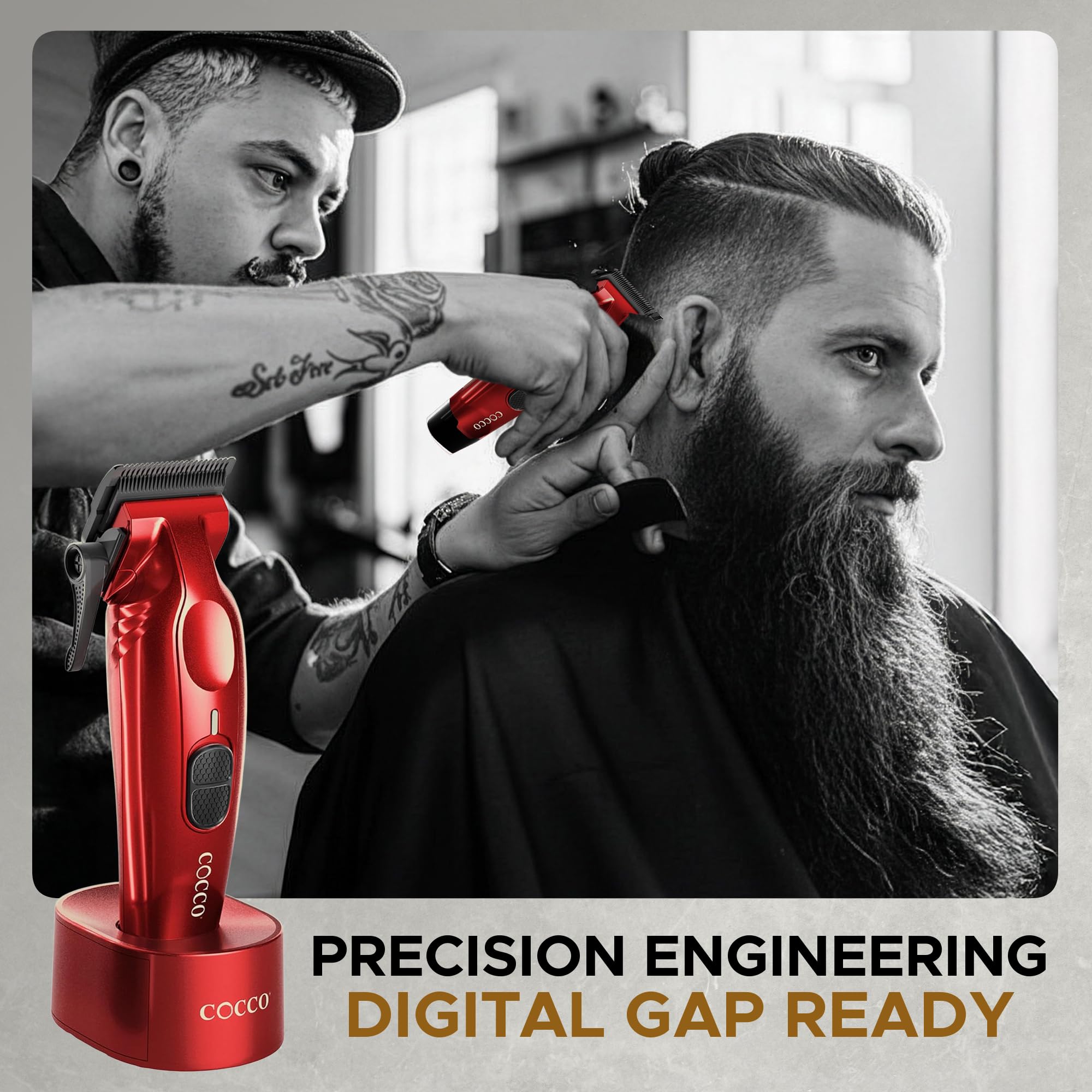 Cocco Hyper Veloce Pro Clipper, Digital Gap Ambassador Graphene Taper Blade Professional Hair Clippers, High-Torque BLDC Motor, All-Metal, Cordless, Charging Station Included