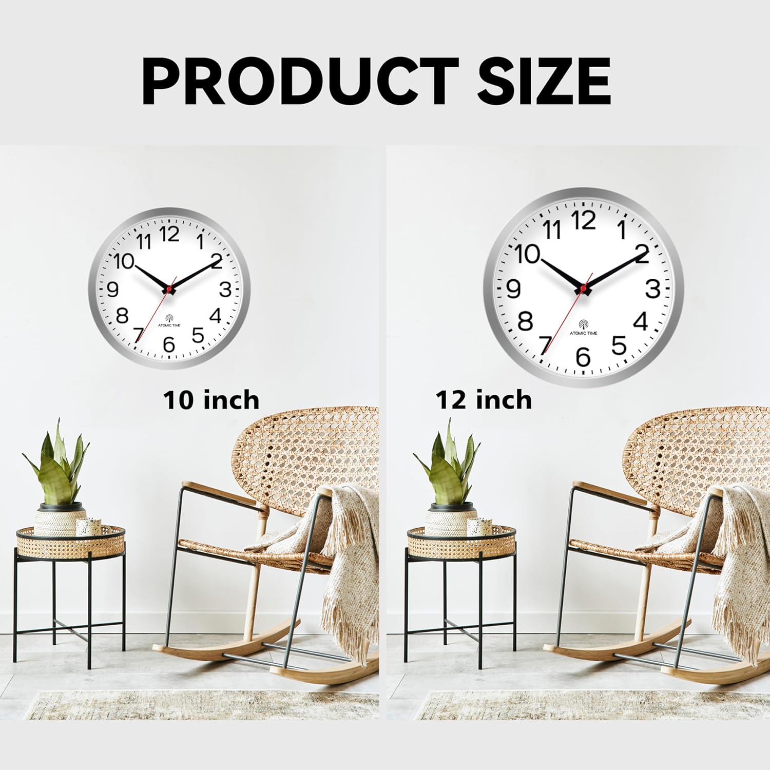 Close-up of AKCISOT Atomic Clock face showing 'ATOMIC TIME' logo and icons for automatic setting and manual DST