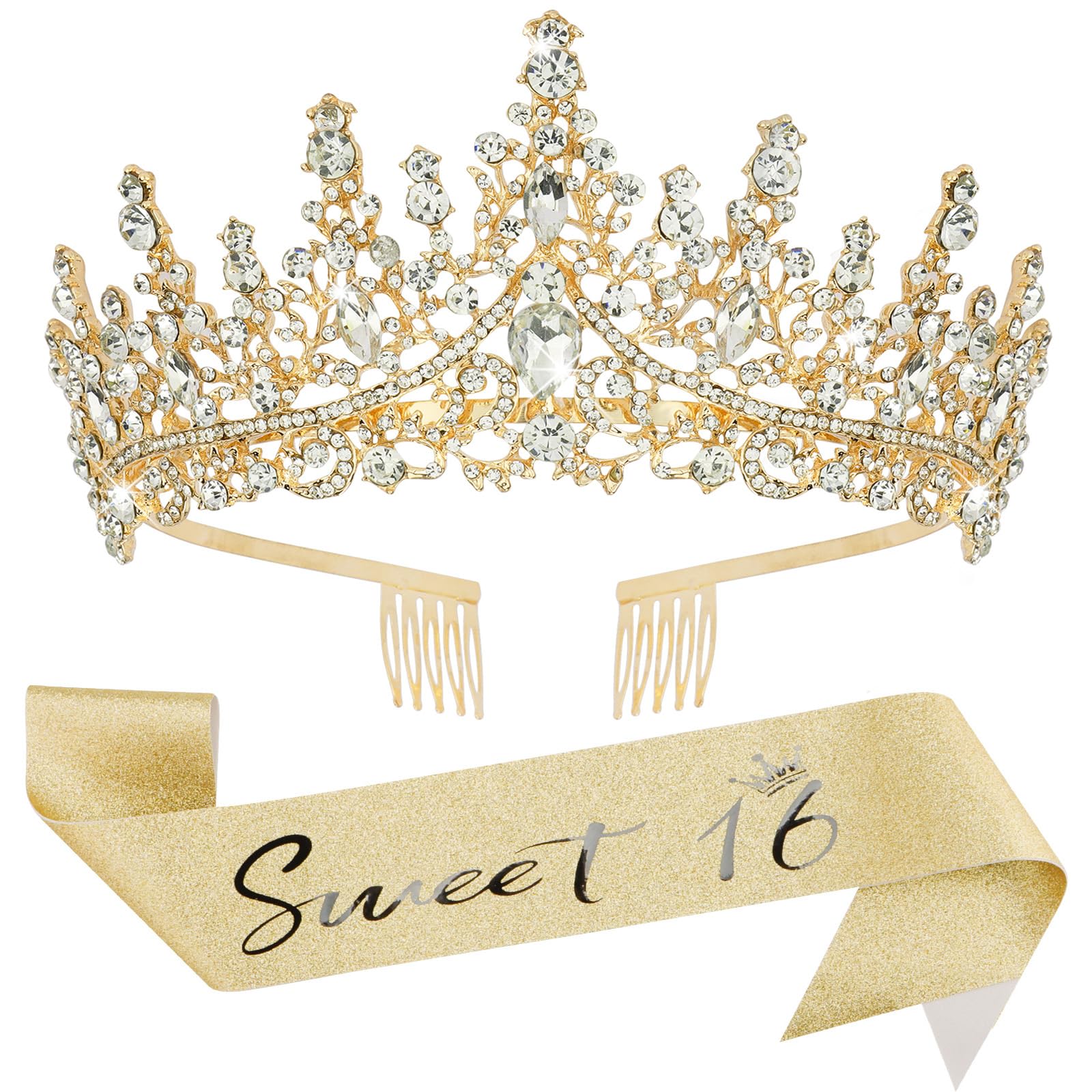 COCIDE 'Sweet 16' Birthday Party Decoration Kit, Includes 1 Silver Glitter Sash and Crown for Women 16th Birthday, 1 Adjustable Pin, Party Supplies for Girls