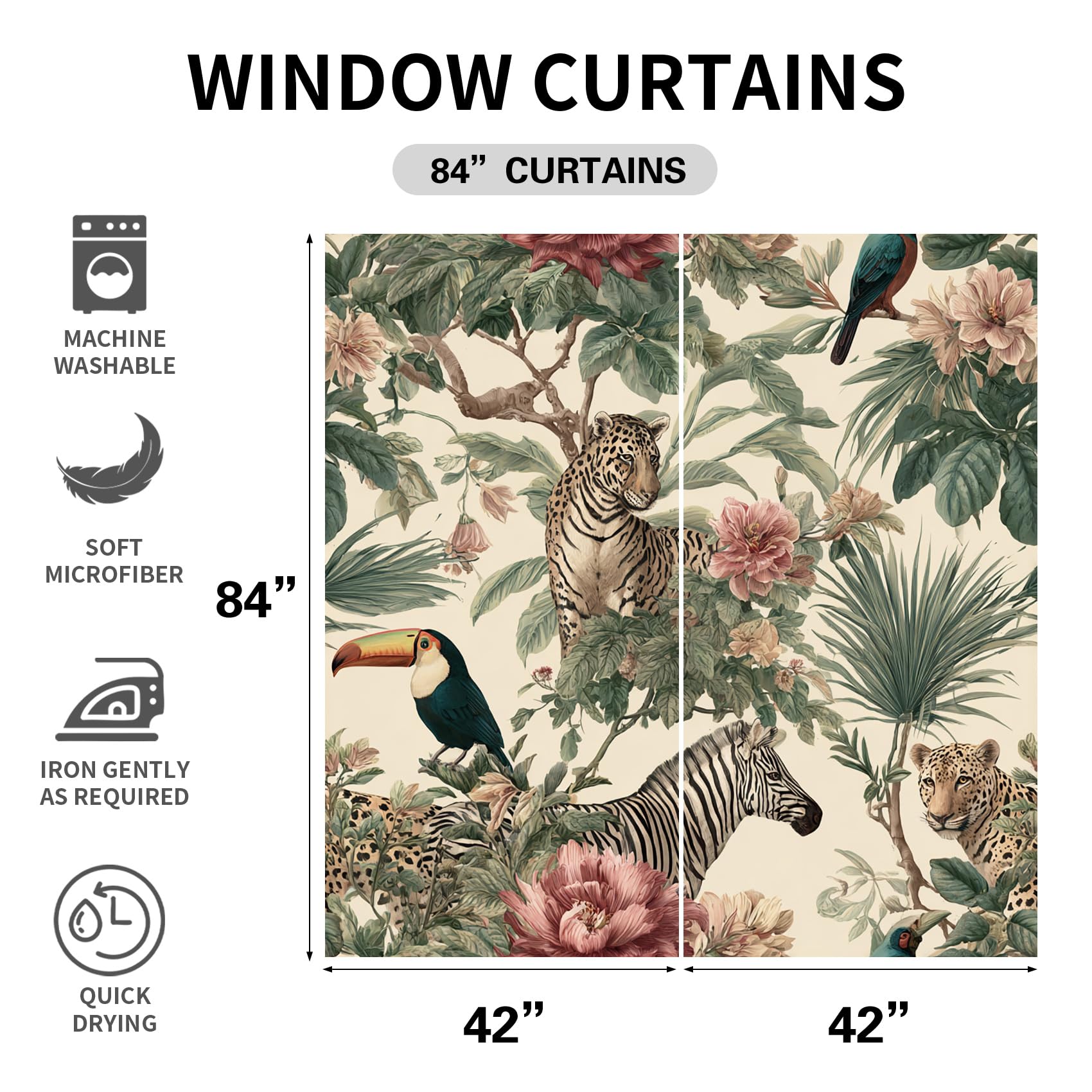 Rideau Occultant Jungle Tropicale, Rideaux Motif Safari Animaux, Rideau Thermique Chambre Salon Fenetre, Fleurs Feuilles de Palmier Lot de 2 Rideaux et Draperies Intérieurs à Oeillets, 140x240cm, yi5