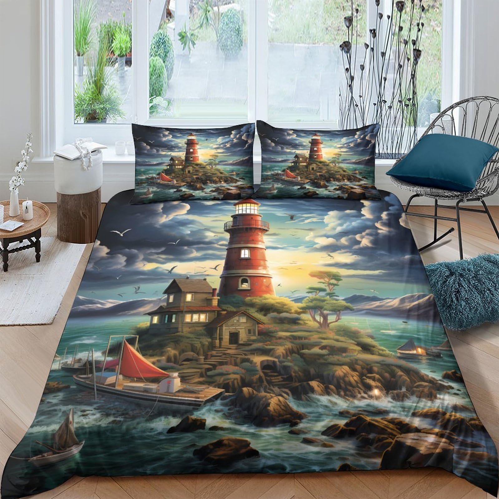 Ctjqhvkz Style-7 3D Printed Lighthouse Ocean Fitted Sheet Microfiber Soft Breathable Sunset Landscape Bed Cover For Bedroom Decor Single（135X200cm）