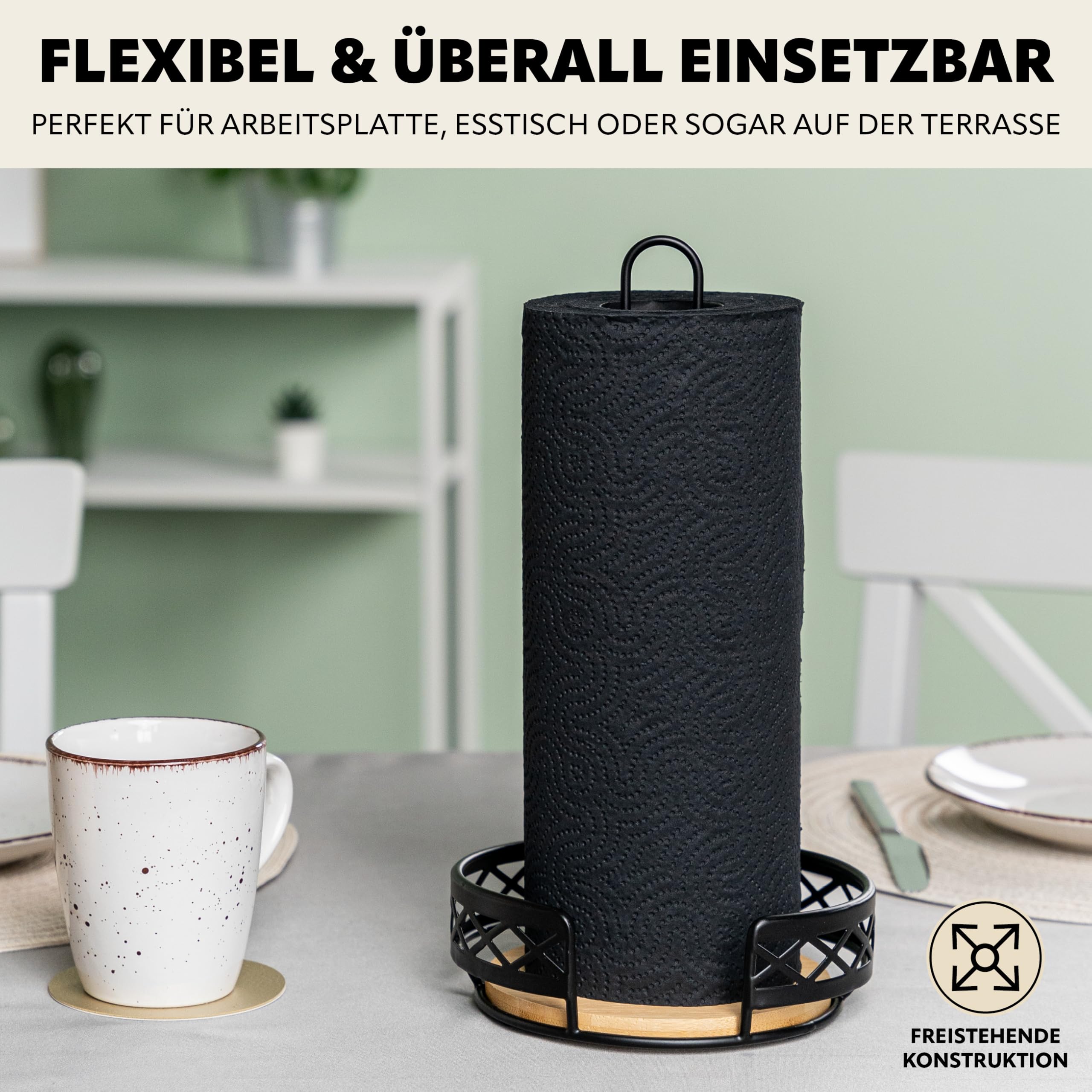 bremermann Küchenutensilien 3er Set, Küchenhelfer bestehend aus 1x Küchenrollenhalter, 1x Utensilienhalter und 1x Obstkorb/Obstschale, moderne Materialkombination aus Bambus und Metall