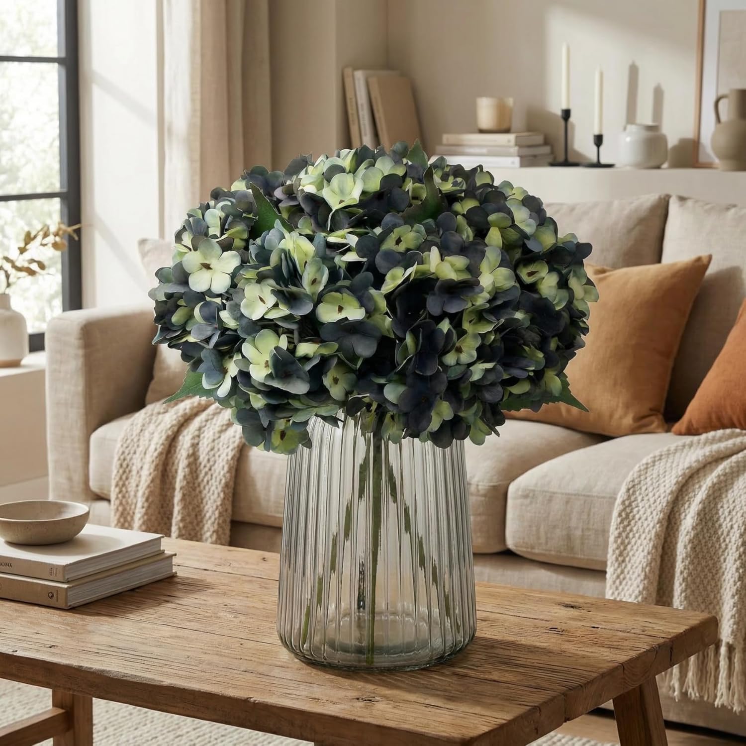 5Pcs Artificial Fake Flowers Plants Silk Hydrangea 1 Flower Head Arrangements Wedding Bouquets Decorations Plastic Floral Table Centerpieces Home Kitchen Garden (Bluish Green) - Image 6