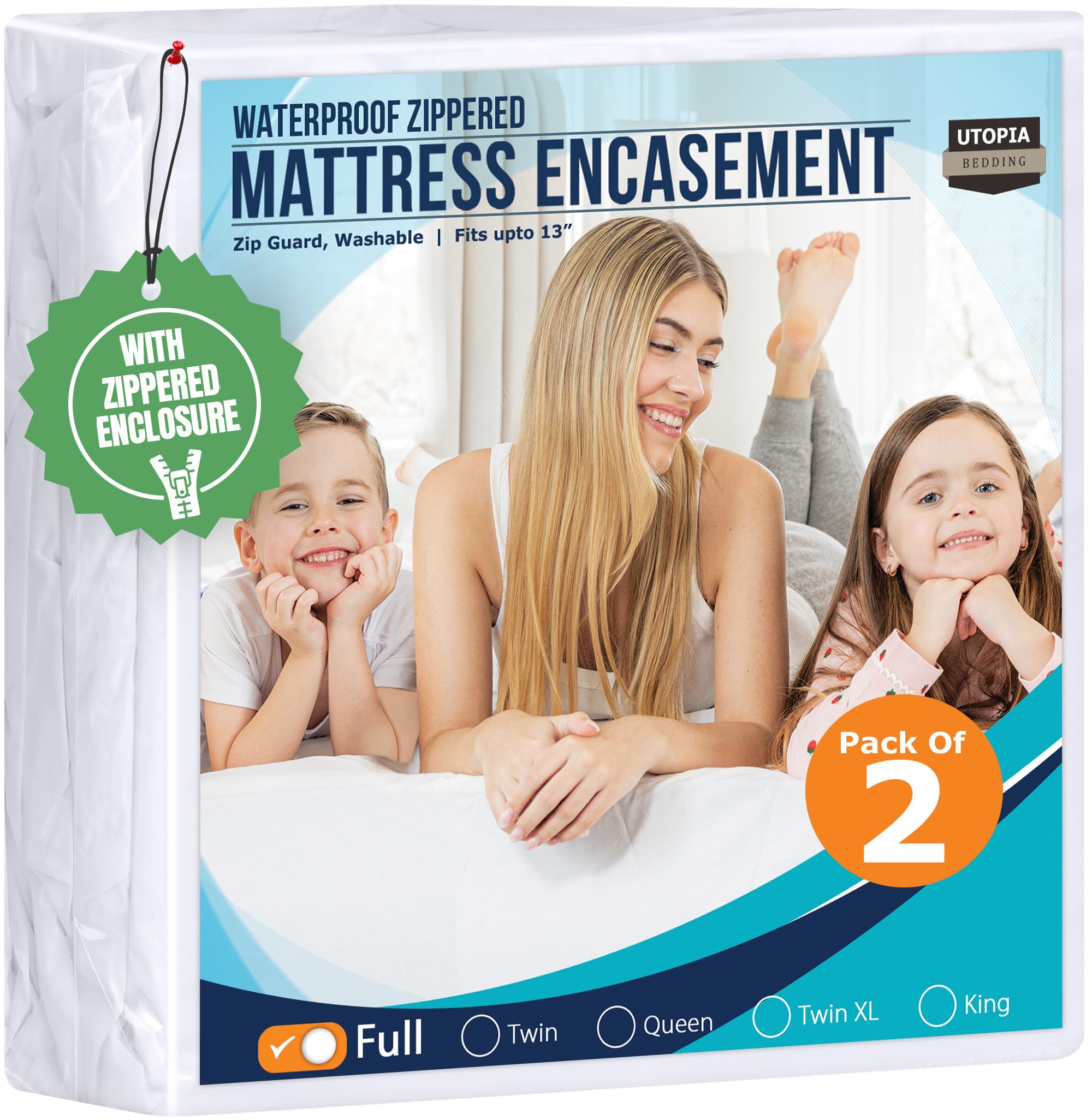 Utopia Bedding Waterproof Mattress Protector Full Size (Pack of 2), Zippered Mattress Encasement Bed Bug and Dust Mite Proof, Absorbent Six-Sided Mattress Cover
