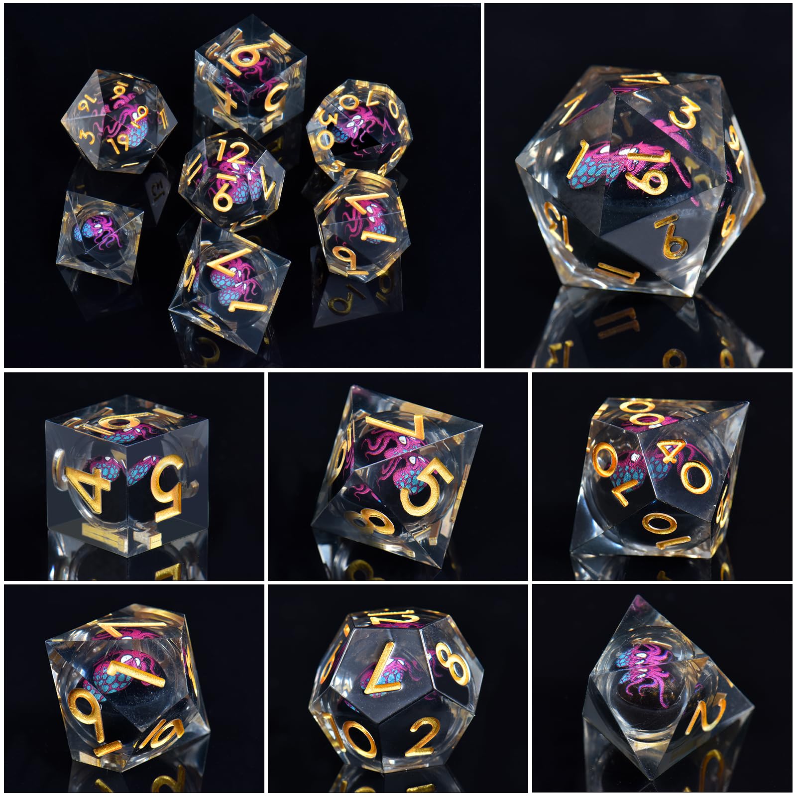ORUZA 7 PCS S Dragon Eye DND Dice Liquid Core D&D Dice Resin Sharp Edge Polyhedral Octopus Dice Set for Dungeons and Dragons Role Playing Die D20 D12 D10 D8 D6 D4 D% - Image 2