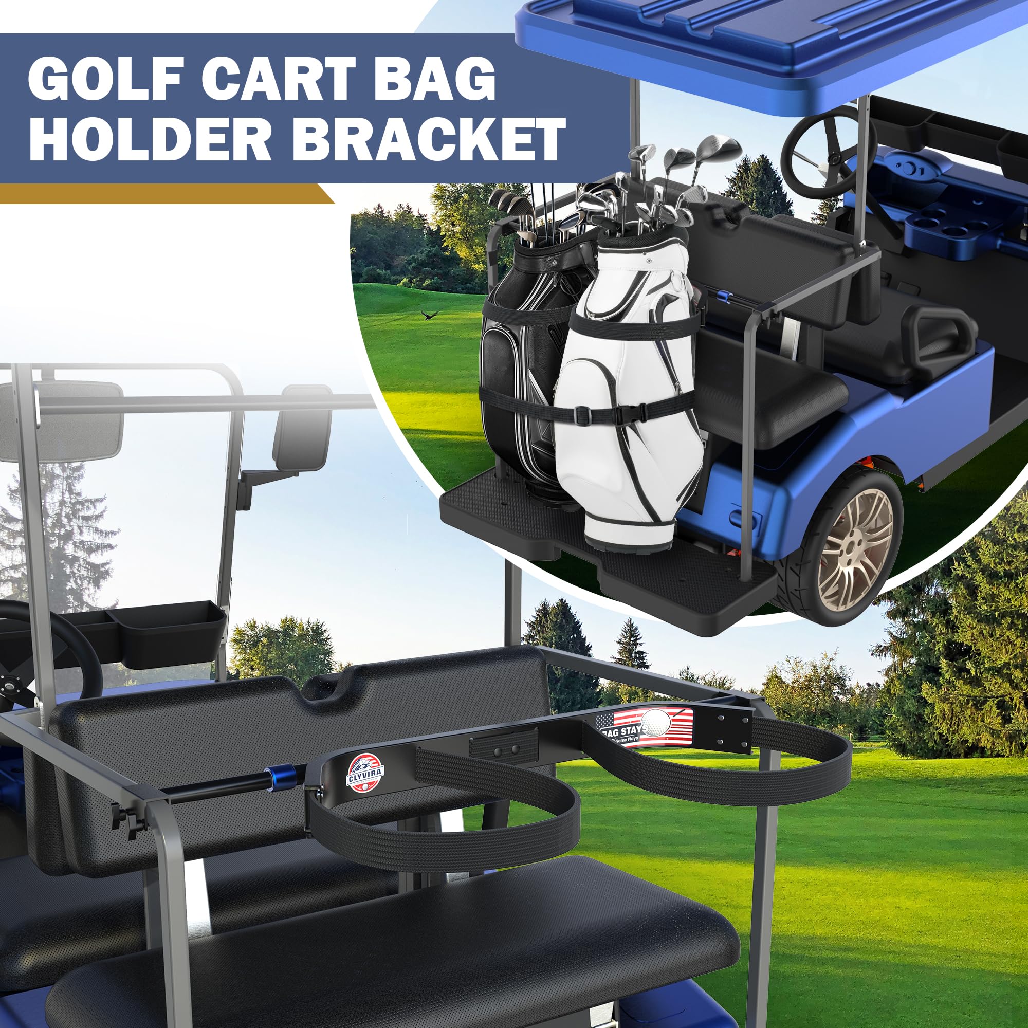 Aluminium Golfwagen Tasche Halterung - Leicht & Stabil, Kein Bohren erforderlich, Verstellbare Befestigung für EZGO, Club Car, Yamaha 2+2 Rücksitze mit 2,5 cm Vierkantrohr