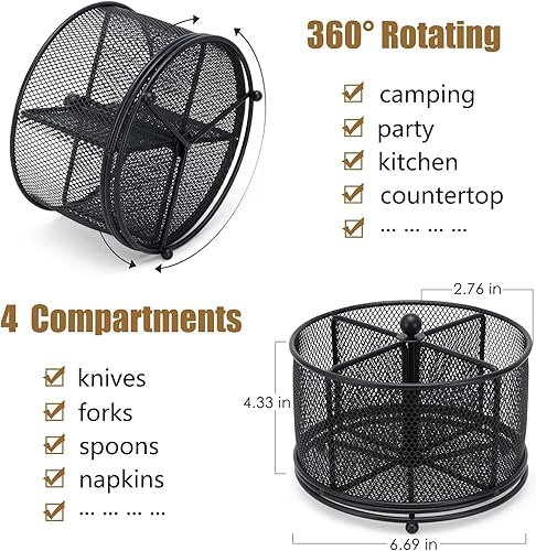 Miniatura 8 de Organizador de utensilios de metal giratorio de 360  4 compartimentos para cubiertos, tenedor, cuchara, servilleta, organizador de cubiertos, cesta