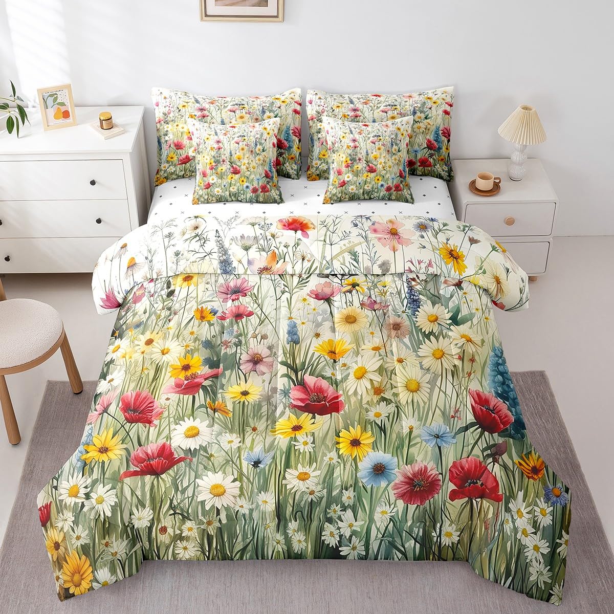 7 Piece Floral Bed in a Bag King Size Nature Botanical Sheet Set for Boys Girls Spring Daisy Print Bedding with Comforter Wildflowers Leaves Plant Print Cushion Covers Butterfly Decor Fitted Sheet 2