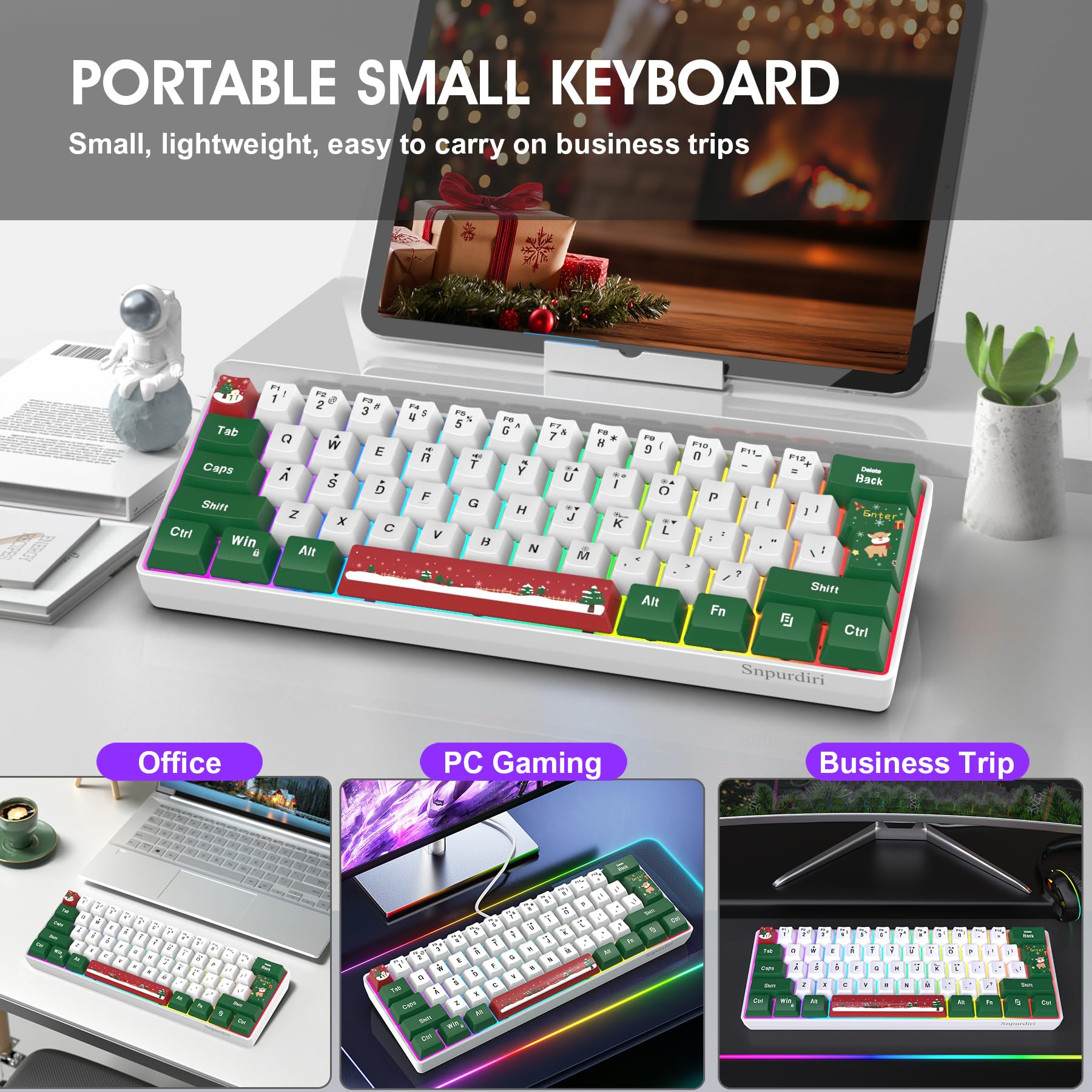 Snpurdiri 60% Wired Gaming Keyboard, RGB 61-Key (Red Green White) view 8